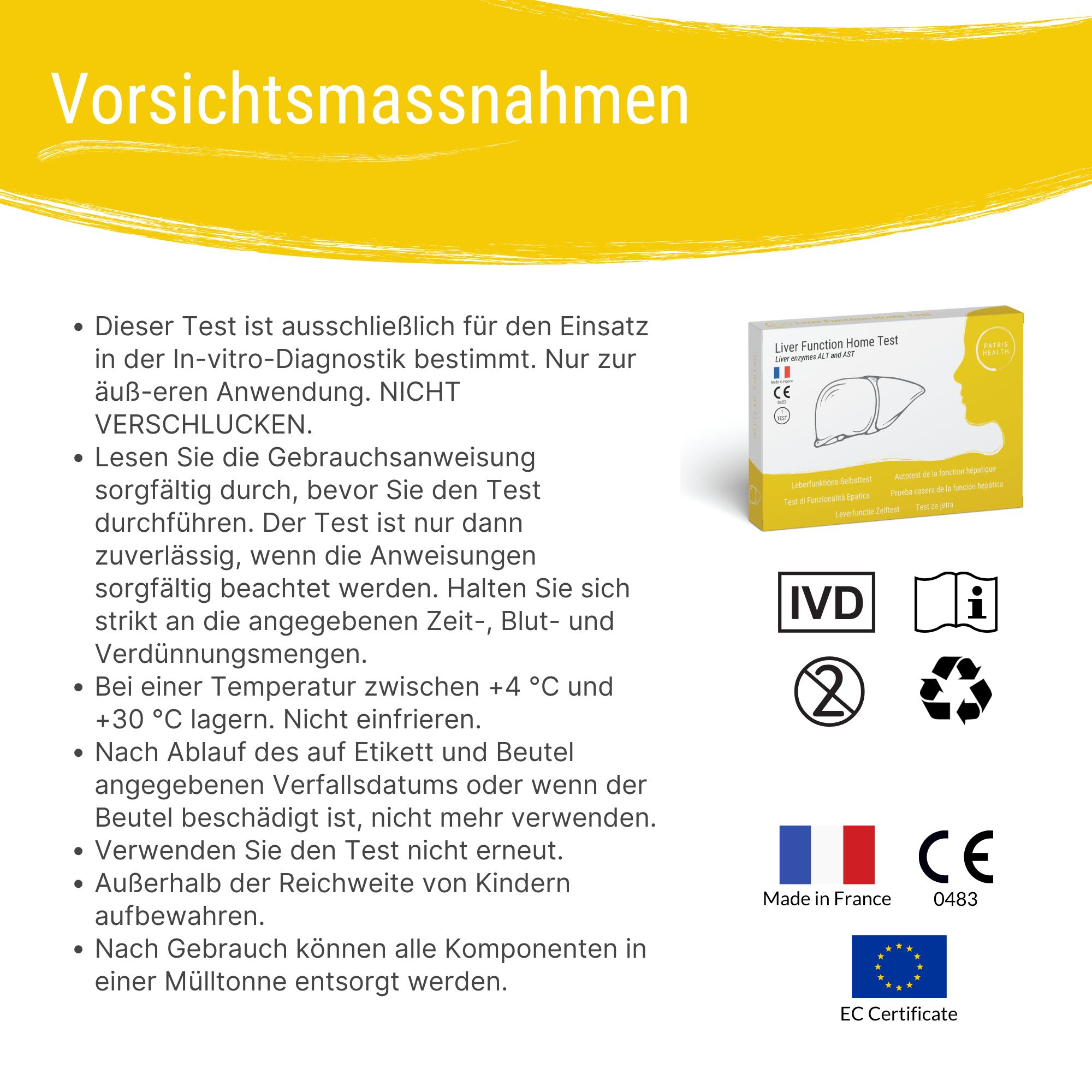 Gele achtergrond. Patris Health logo. Voorzorgsmaatregelen. CE-markering, IVD-symbool, Franse en EU vlaggen.