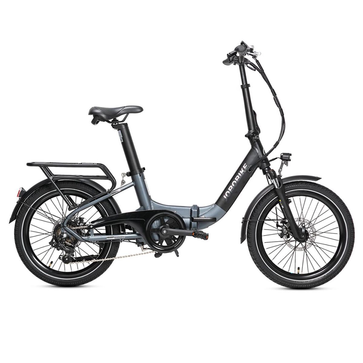 Opvouwbare e-bike, zwart en grijs. Zijaanzicht. JOBOBIKE-logo op het frame.