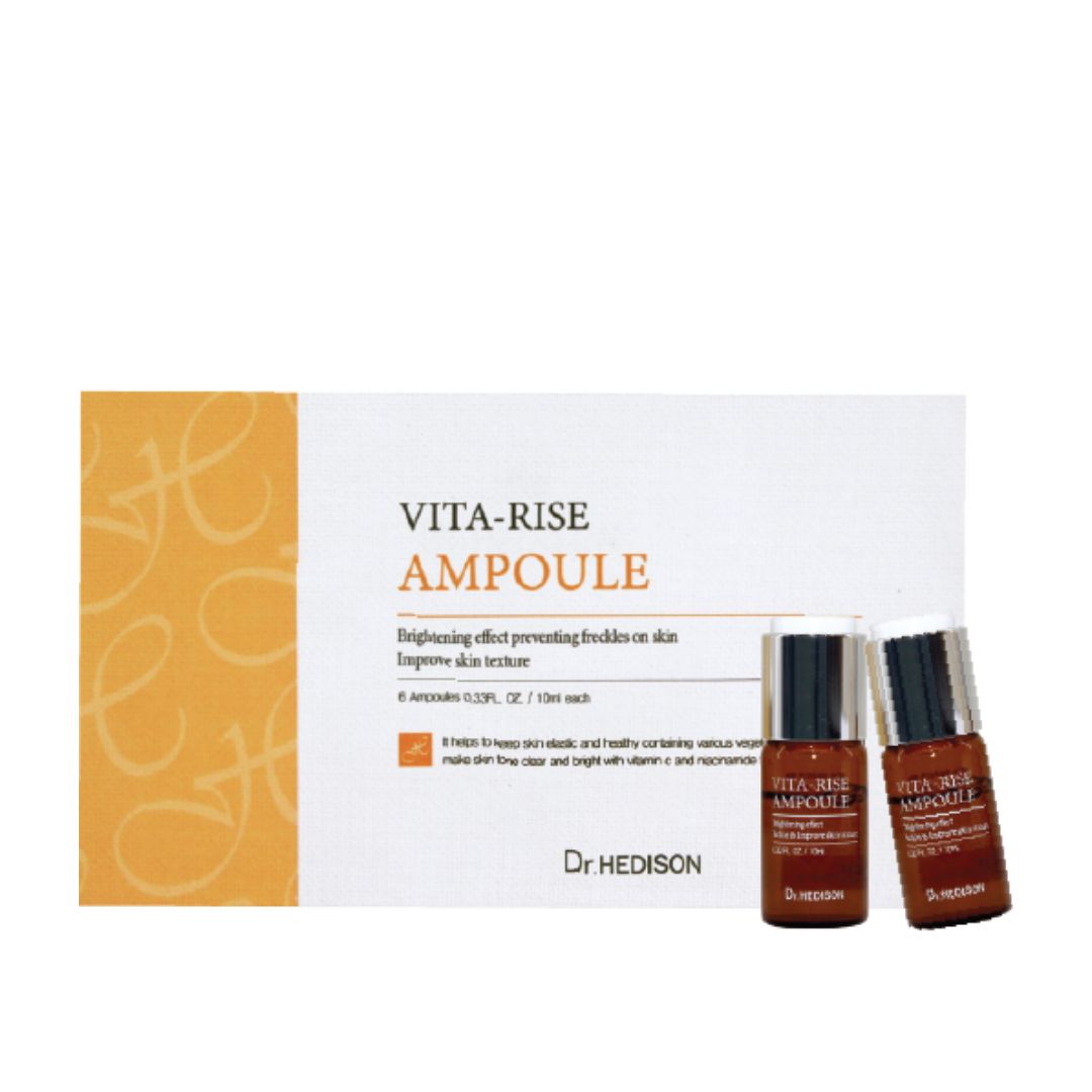 Verpakking met zes ampullen. Opschrift: VITA-RISE AMPOULE. Merk: Dr. HEDISON. Bruine flesjes met zilveren doppen.