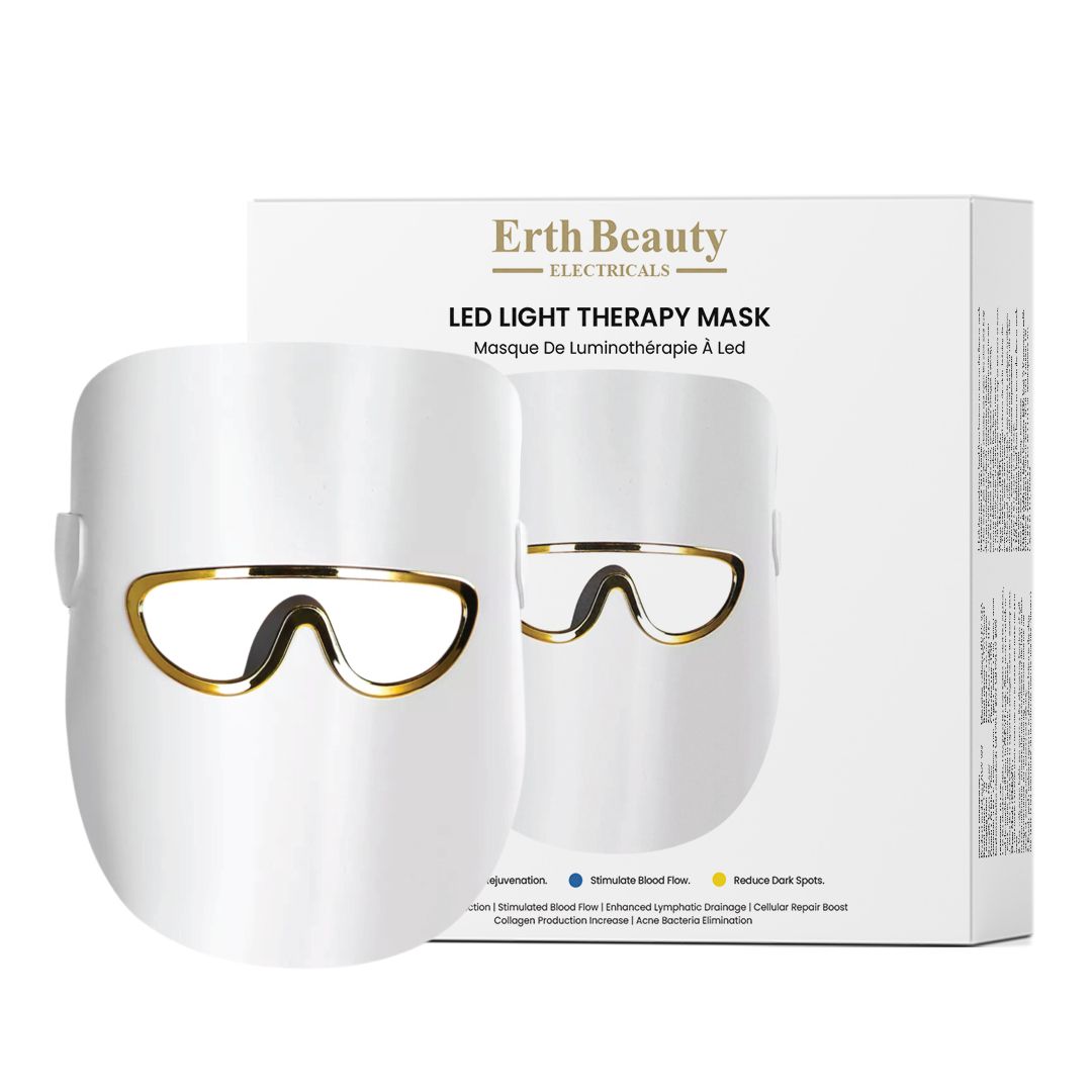 Wit LED-lichttherapiemasker naast de verpakking, beide met gouden accenten.