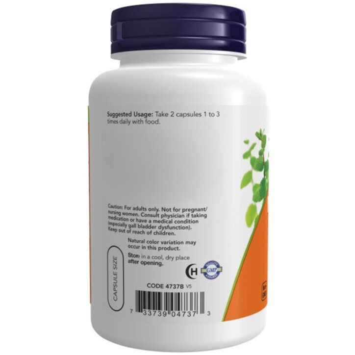 Witte fles met blauwe dop. Opschrift: Capsule Size, Code 4737B. Bevat informatie over gebruik en waarschuwingen.