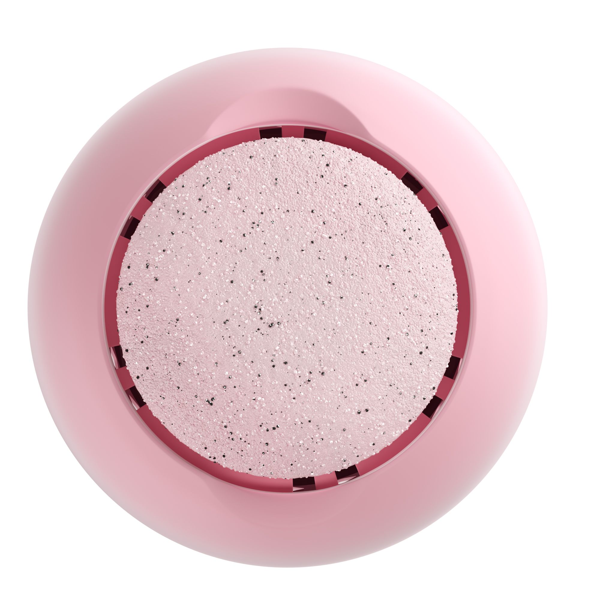 Vue de dessus de l'appareil électrique rose pour enlever la corne. Surface abrasive à points. Boîtier rose.