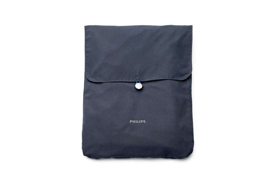 Donkerblauwe stoffen tas met knoopsluiting en Philips logo.