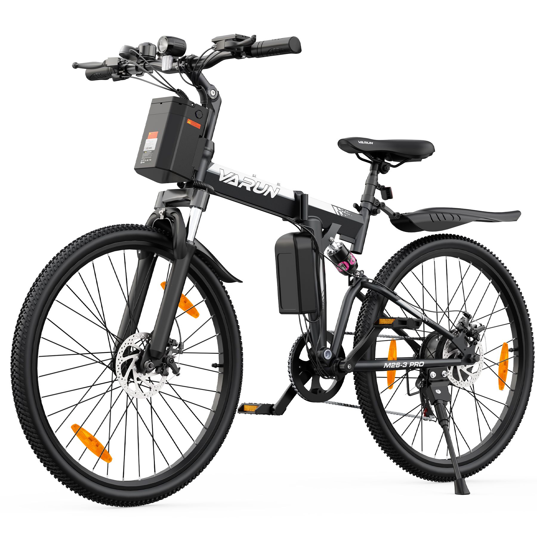 Vélo pliant noir avec batterie, logo VARUN. Suspension intégrale, freins à disque, réflecteurs orange sur roues.