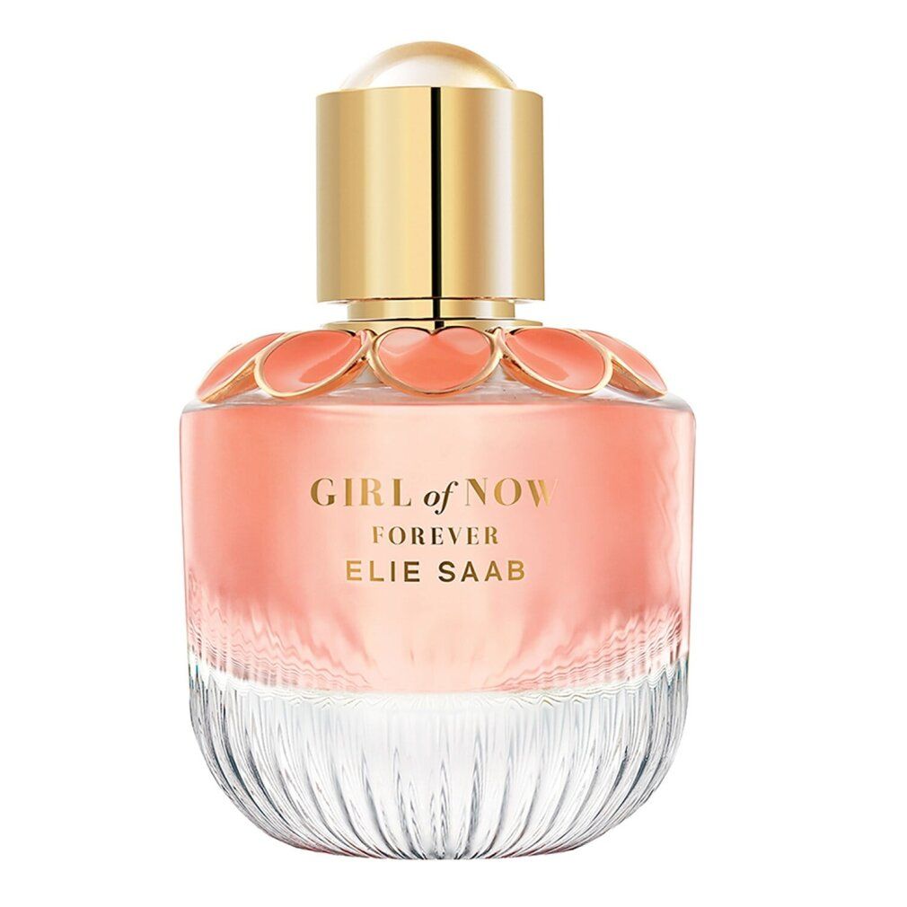 Flacon d'Elie Saab Girl of Now Forever Eau de Parfum avec bouchon doré et applications florales roses.
