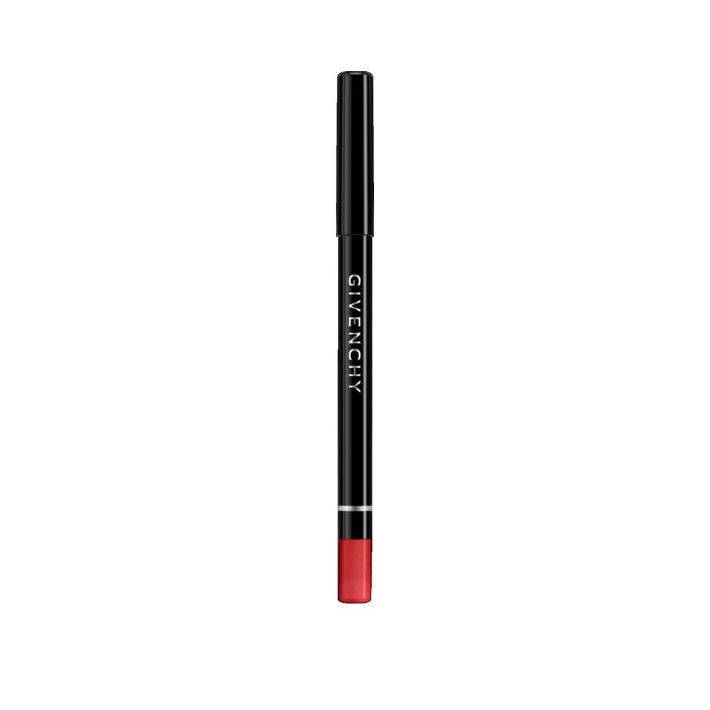 Crayon à lèvres rouge. Crayon noir avec pointe rouge et inscription Givenchy. Capuchon noir.