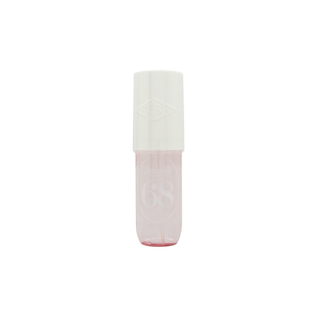 Flacon de brume corporelle rose avec bouchon blanc. Inscription '68' et 'Sol de Janeiro'.