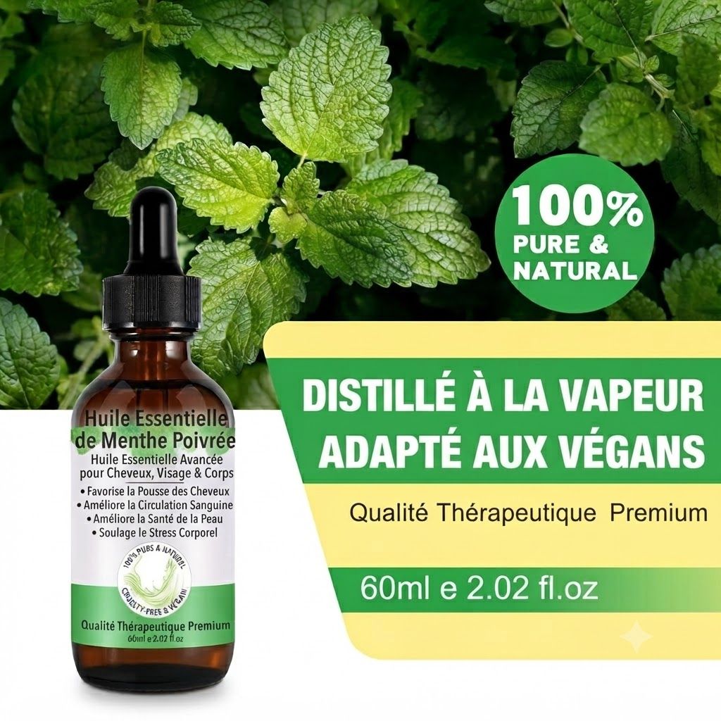 Flacon en verre brun avec pipette, contenant de l'huile de menthe poivrée. 60ml. 100% pur et naturel.