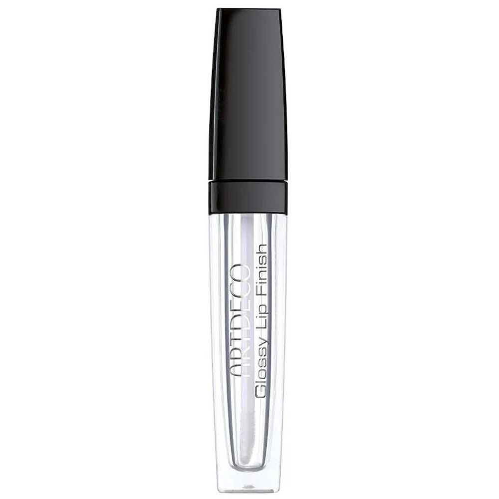 Artdeco Glossy Lip Finish. Tube transparent avec bouchon noir. Nom du produit et marque sur le tube.