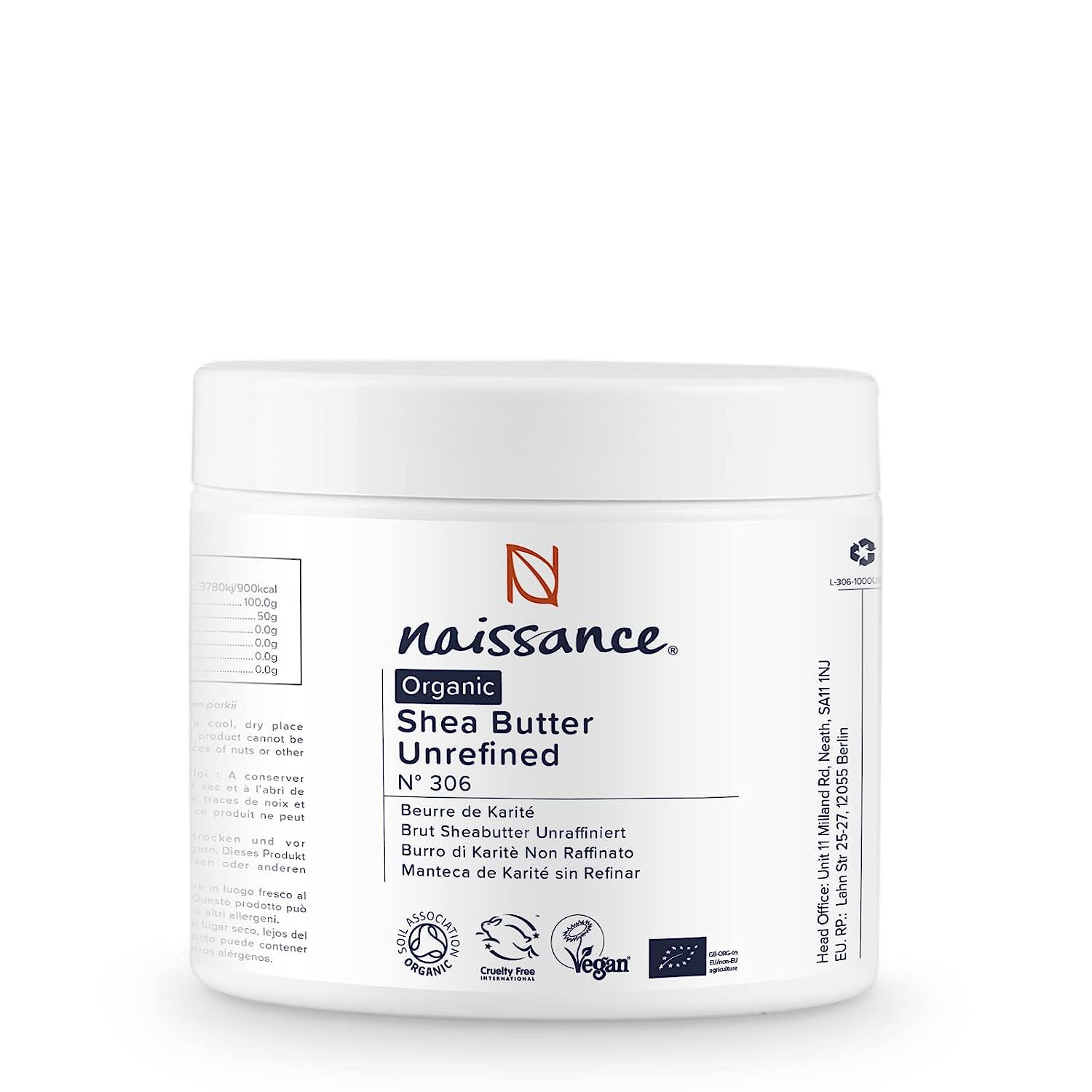 Pot blanc avec inscription 'naissance' et 'Shea Butter Unrefined'. Labels Vegan et Cruelty-Free.
