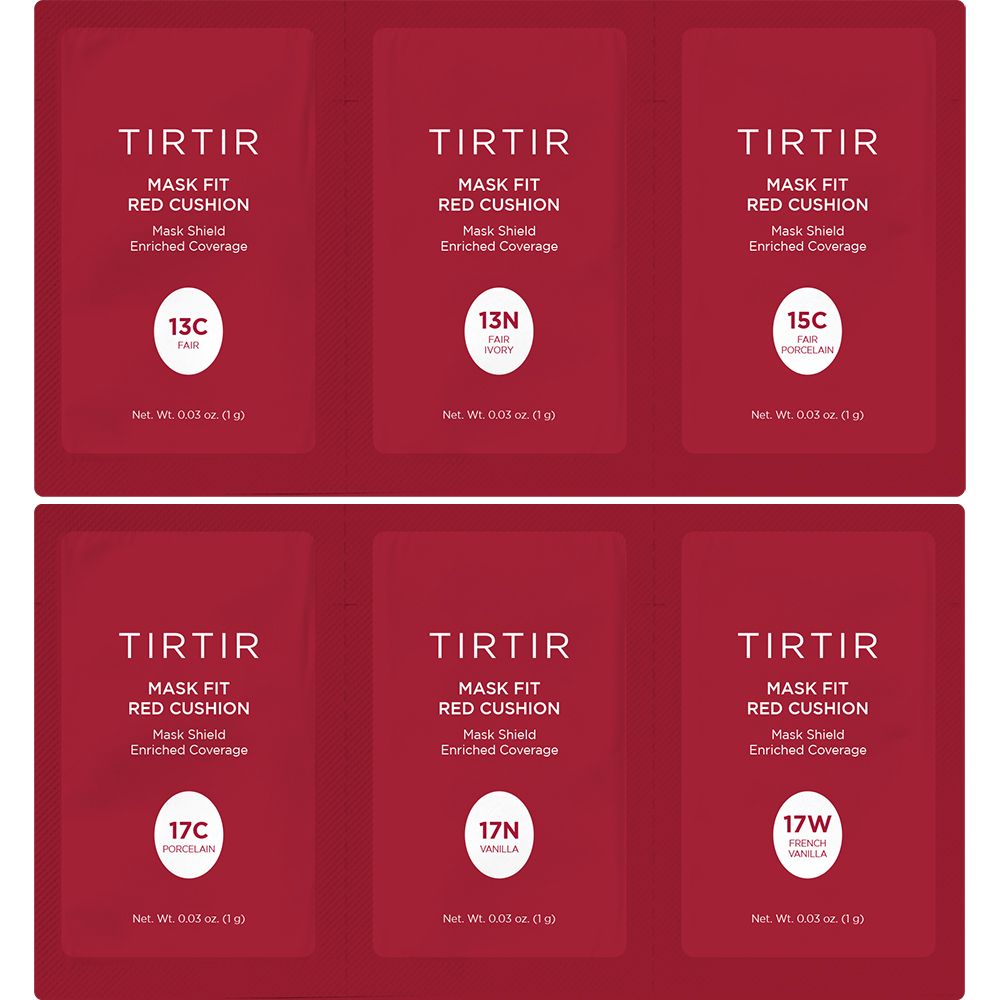 Zes rode TIRTIR Mask Fit Red Cushion samples. Kleuren: 13C, 13N, 15C, 17C, 17N, 17W. Enriched Coverage.