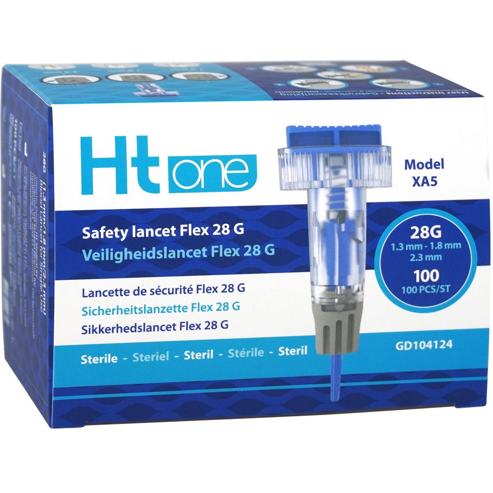 Verpakking met HT One Safety lancet Flex 28 G. Productnaam en specificaties gedrukt. Bevat 100 stuks.