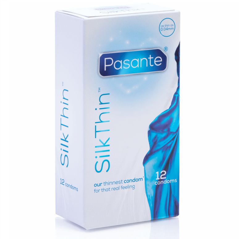Boîte de 12 préservatifs. Texte: Pasante SilkThin.