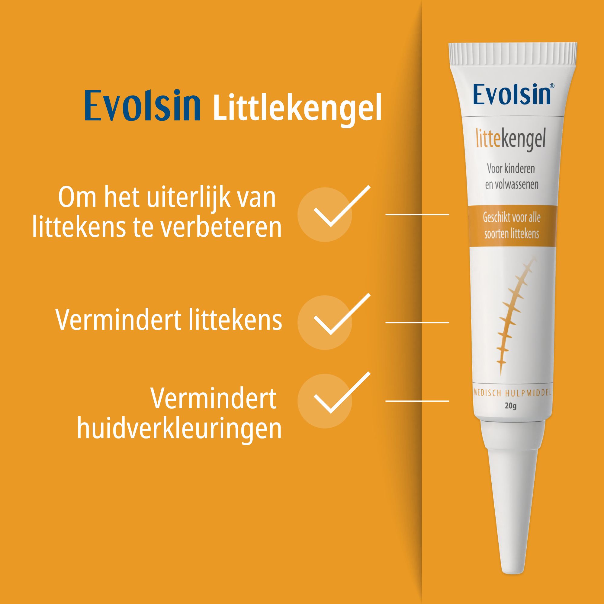 Productafbeelding: Evolsin Narbengel, tube en doos, met logo en productnaam.