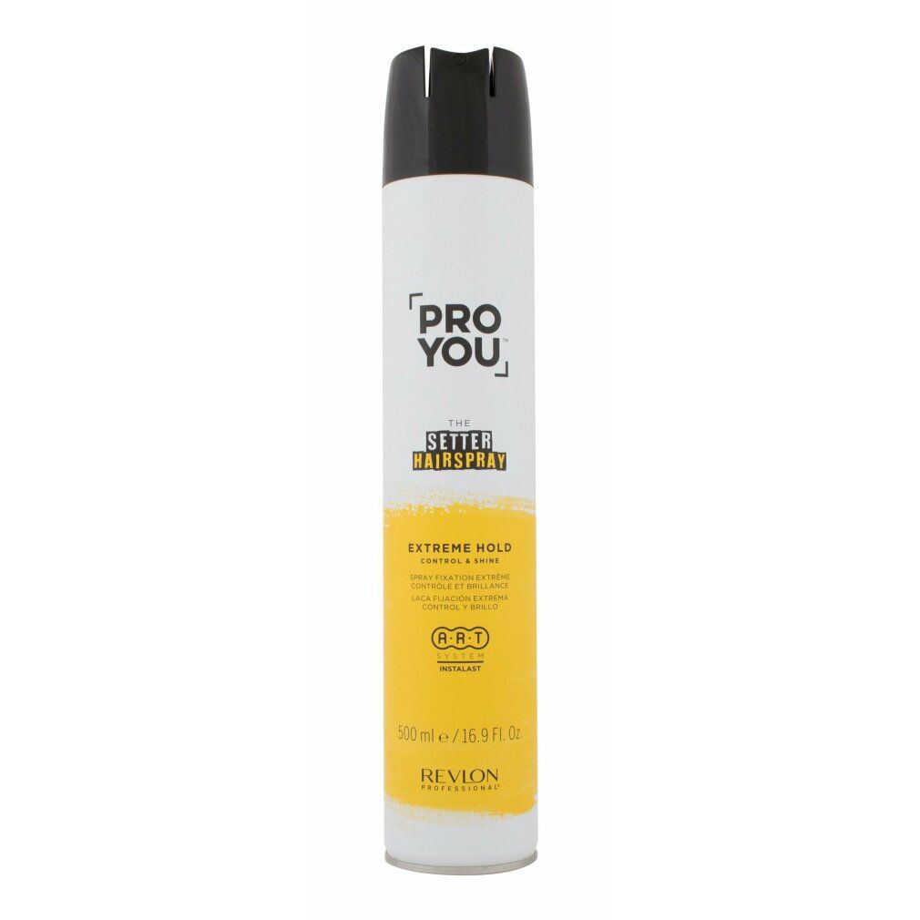 Witte haarspraybus met zwarte dop. Opschrift: PRO YOU, THE SETTER HAIRSPRAY, EXTREME HOLD. Merk: Revlon.