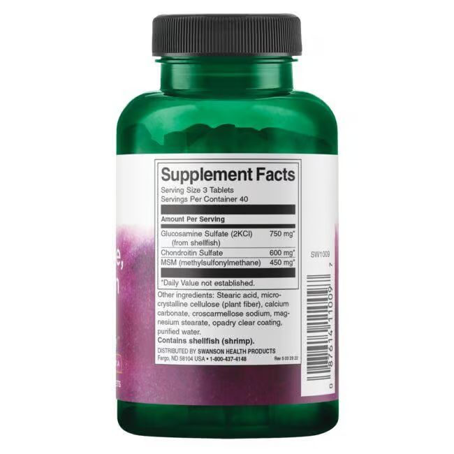 Dos du flacon vert. Étiquette blanche avec informations nutritionnelles. Contient de la glucosamine, chondroïtine et MSM.