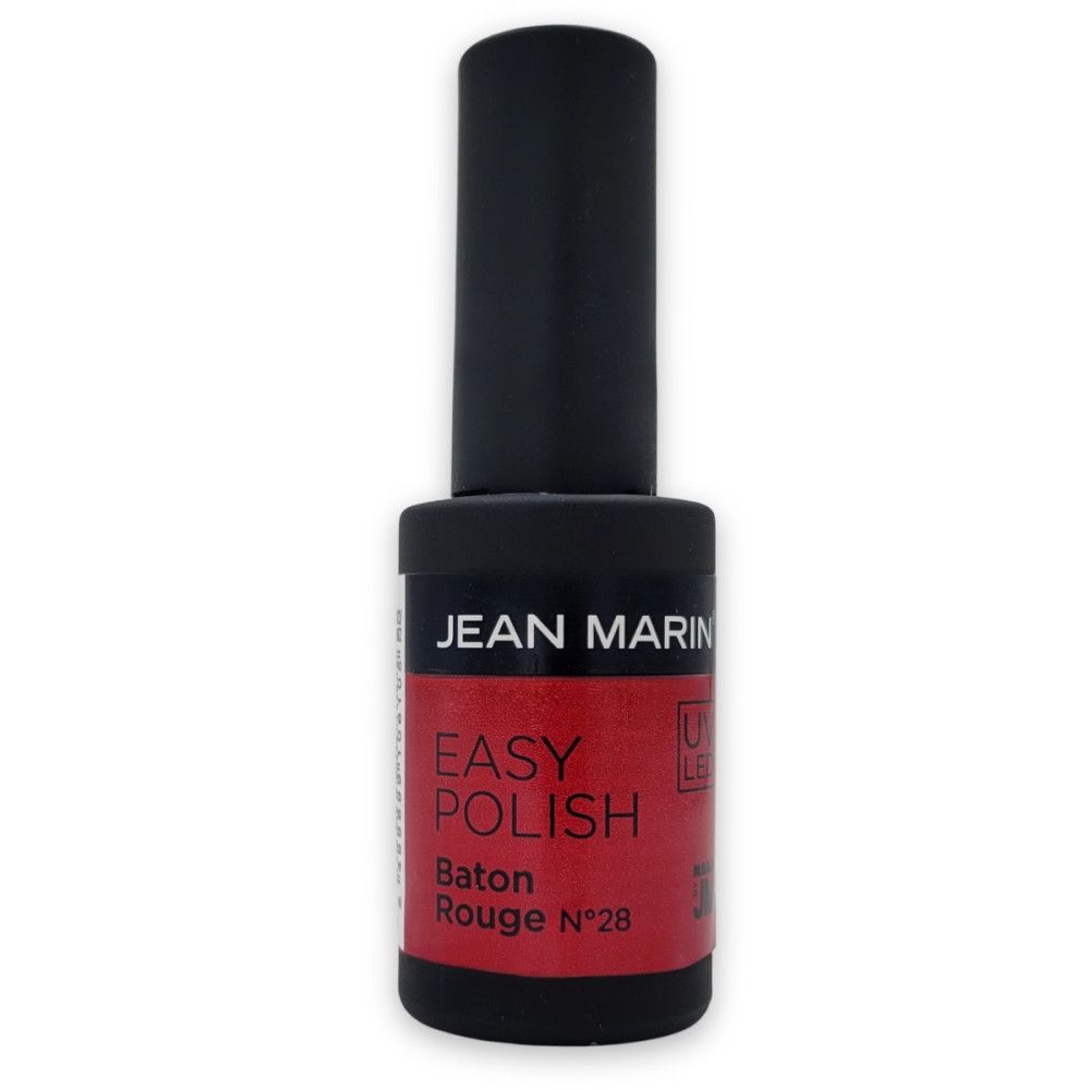 Flacon de vernis à ongles avec bouchon noir. L'étiquette indique "JEAN MARIN EASY POLISH Baton Rouge N°28".