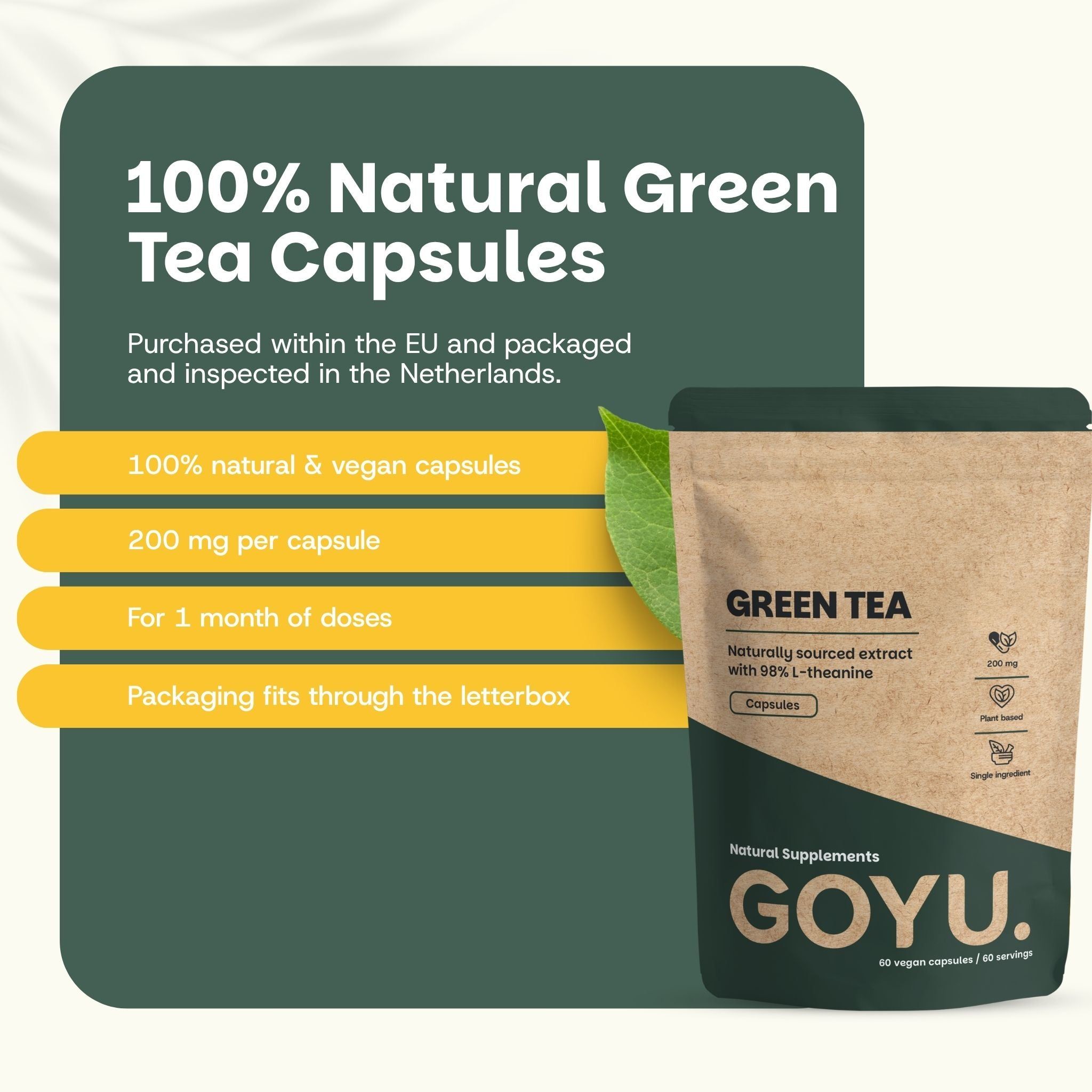 Gélules d'extrait de thé vert dans un sachet en papier brun. 100% naturel, végétalien, 200 mg.