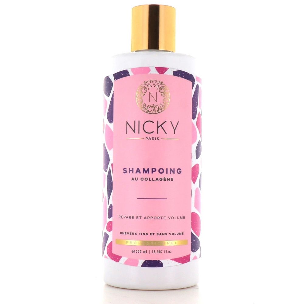 Fles Nicky Paris shampoo, roze etiket met tekst en logo. Gouden dop.