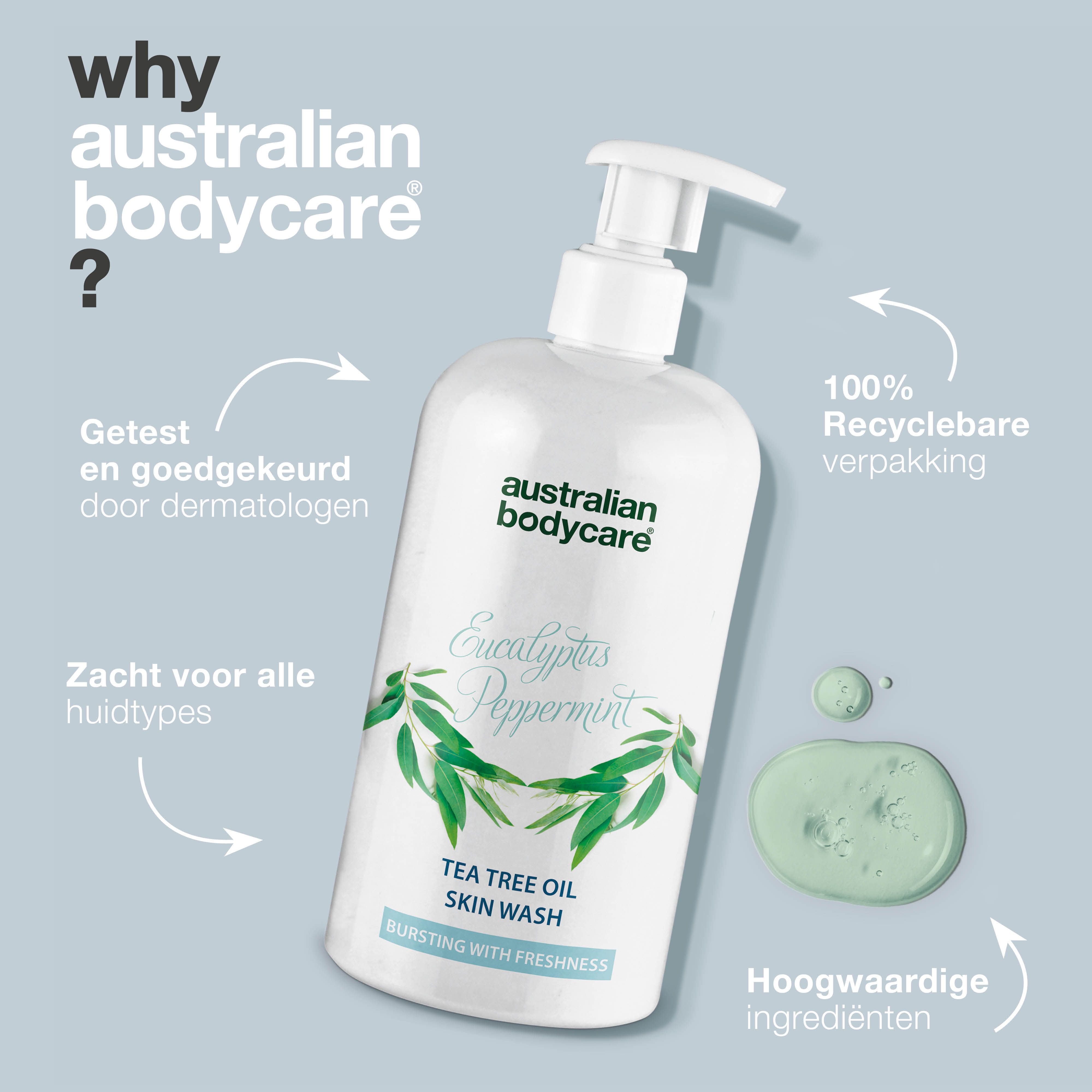 Fles met pomp. Tekst: Australian Bodycare, Getest en goedgekeurd door dermatologen. 100% recyclebare verpakking.