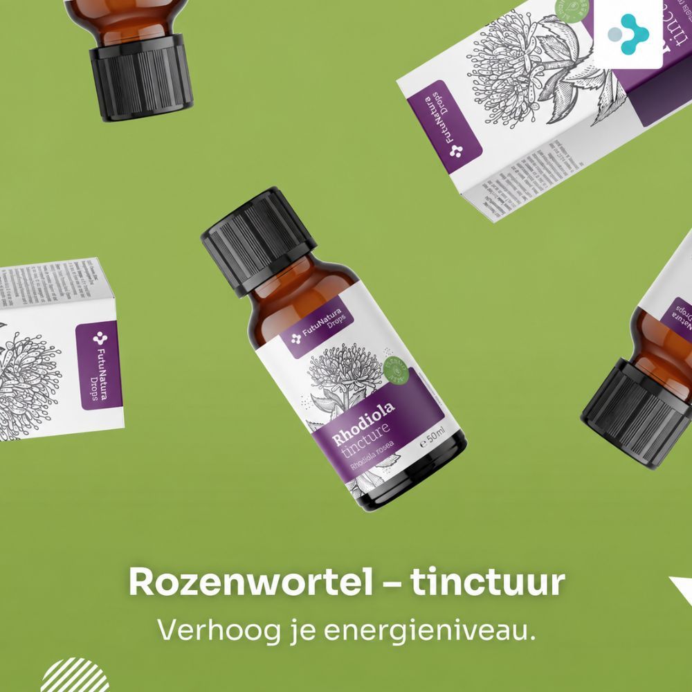 Meerdere flessen en doosjes met Rhodiola Rosea tinctuur op groene achtergrond.