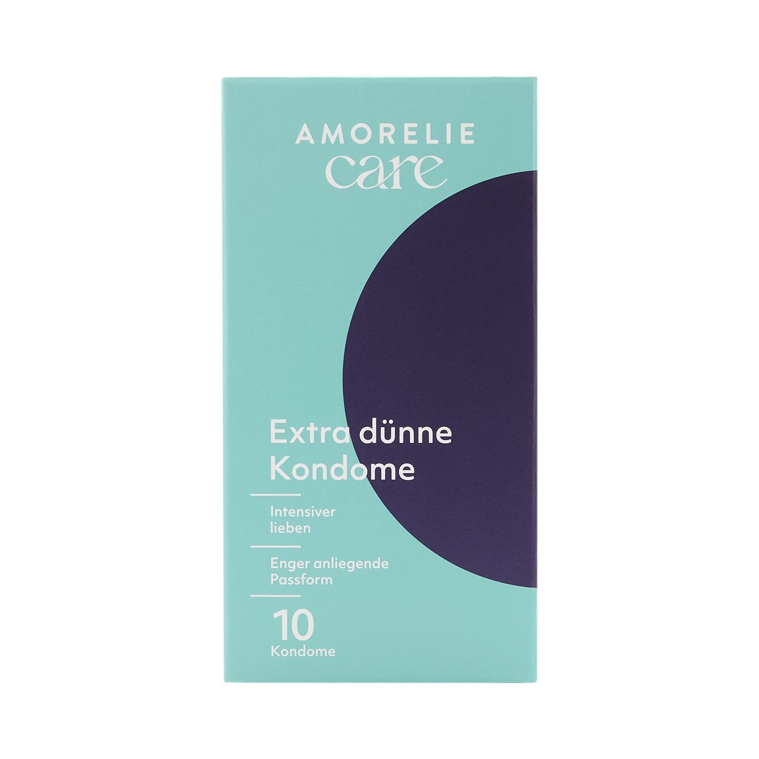 Boîte de préservatifs AMORELIE Care. Inscription : Extra dünne Kondome, 10 préservatifs.