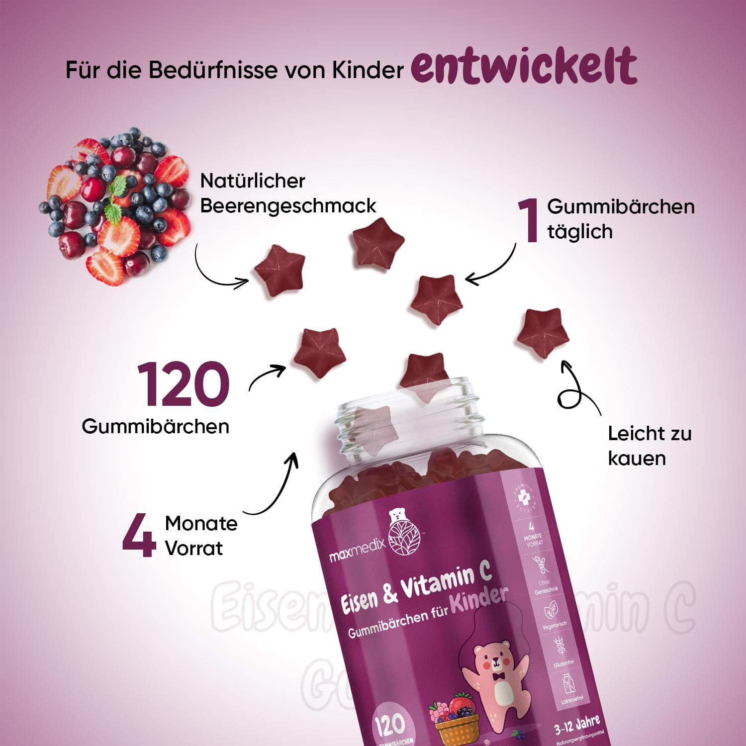 Gummies in ster vorm. Opschrift: IJzer & Vitamine C voor kinderen. 120 gummies. 4 maanden voorraad. Gemakkelijk te kauwen.