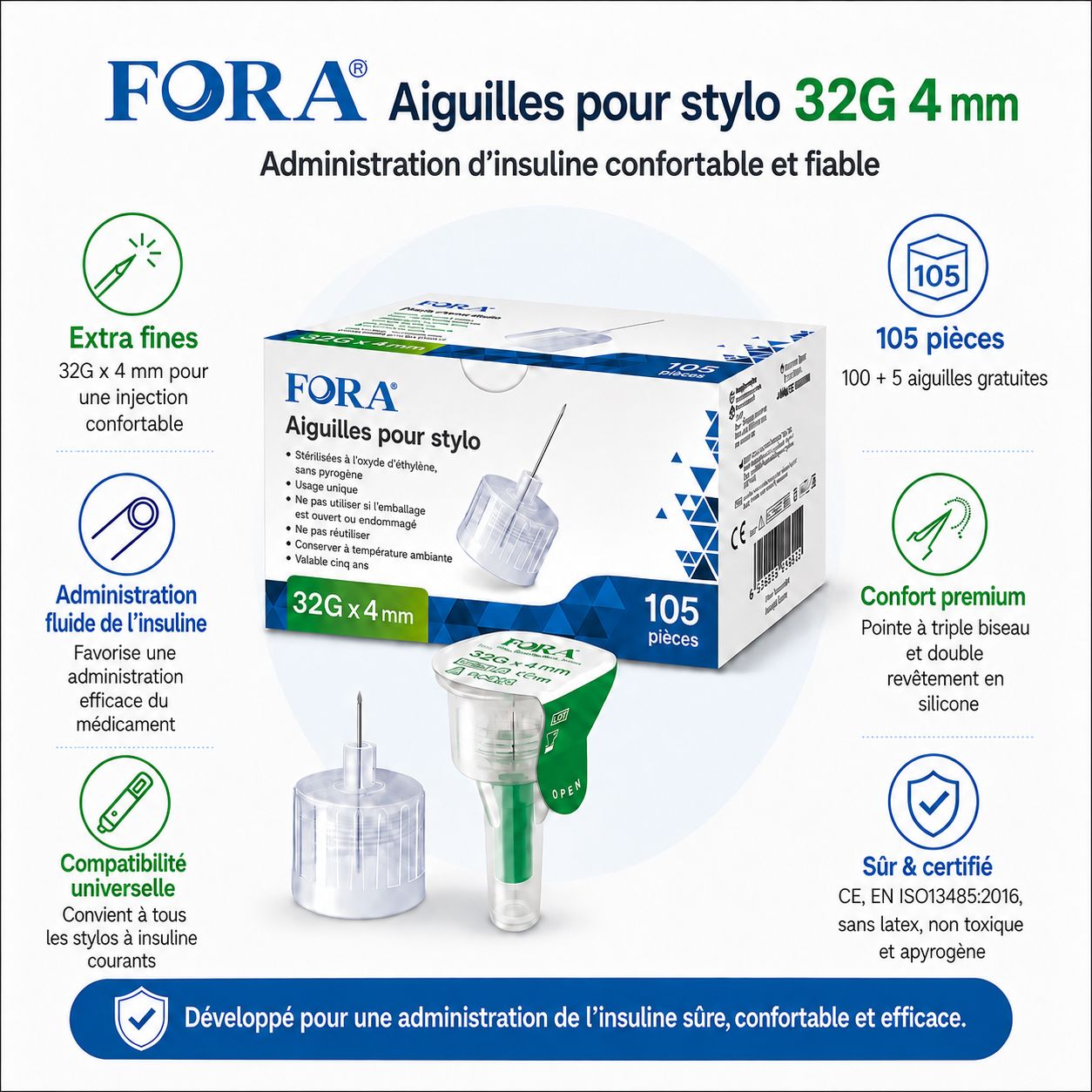 Aiguilles pour stylo FORA 32G 4mm, 105 pièces. Emballage avec aiguilles et capuchon de protection séparé.