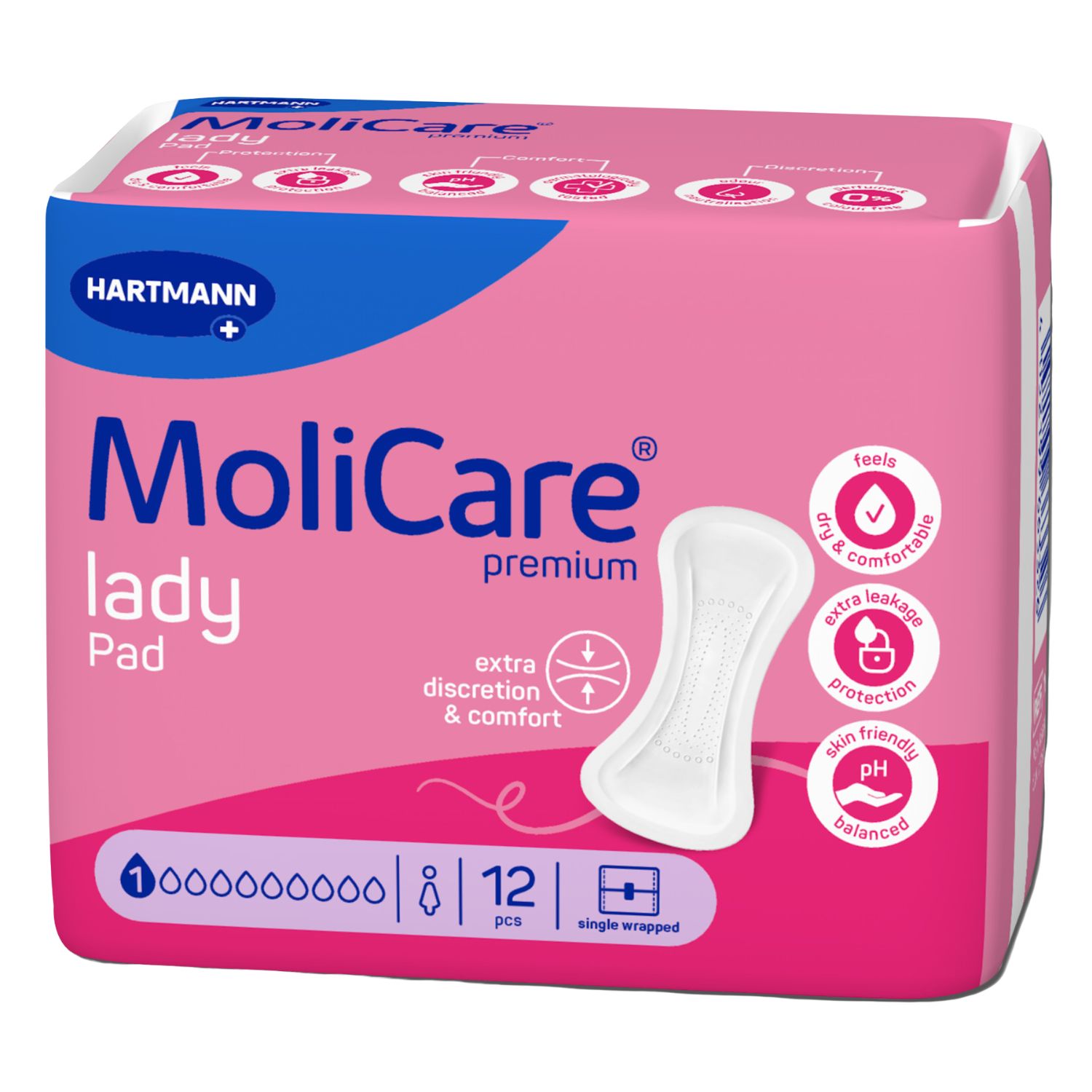 Emballage rose MoliCare Lady Pad. Présente une serviette, des logos et des informations sur le produit. 12 pièces, emballées individuellement.