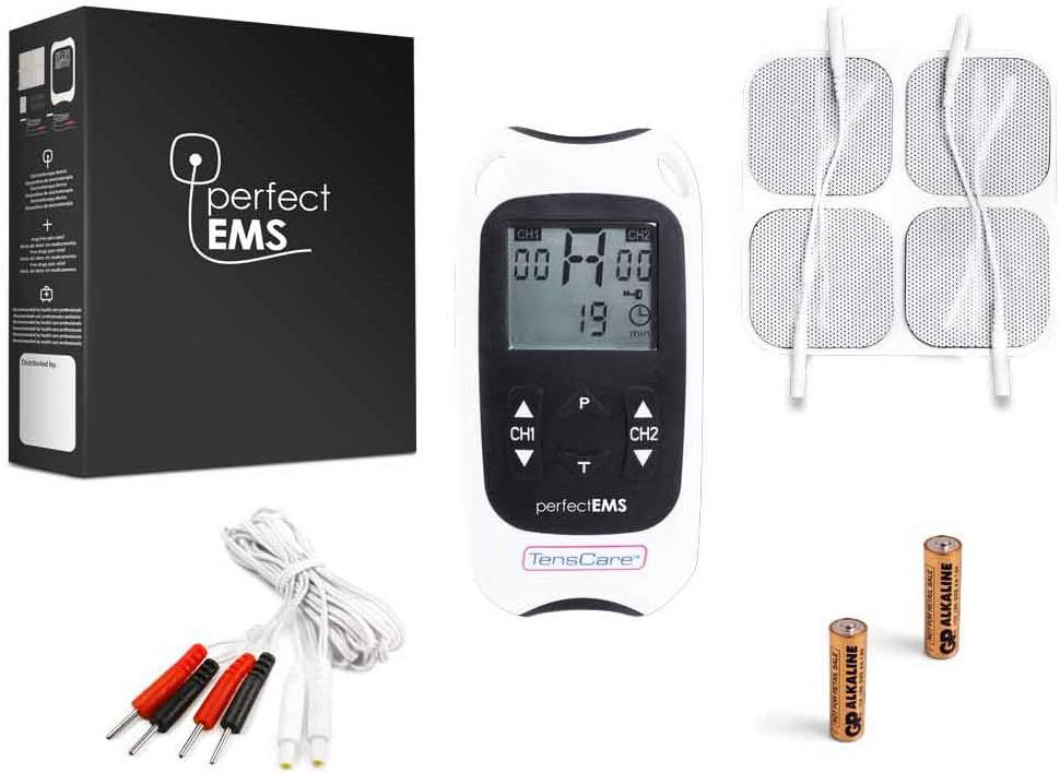 Appareil TensCare Perfect EMS avec accessoires : électrodes, coussinets, câbles, piles et emballage.