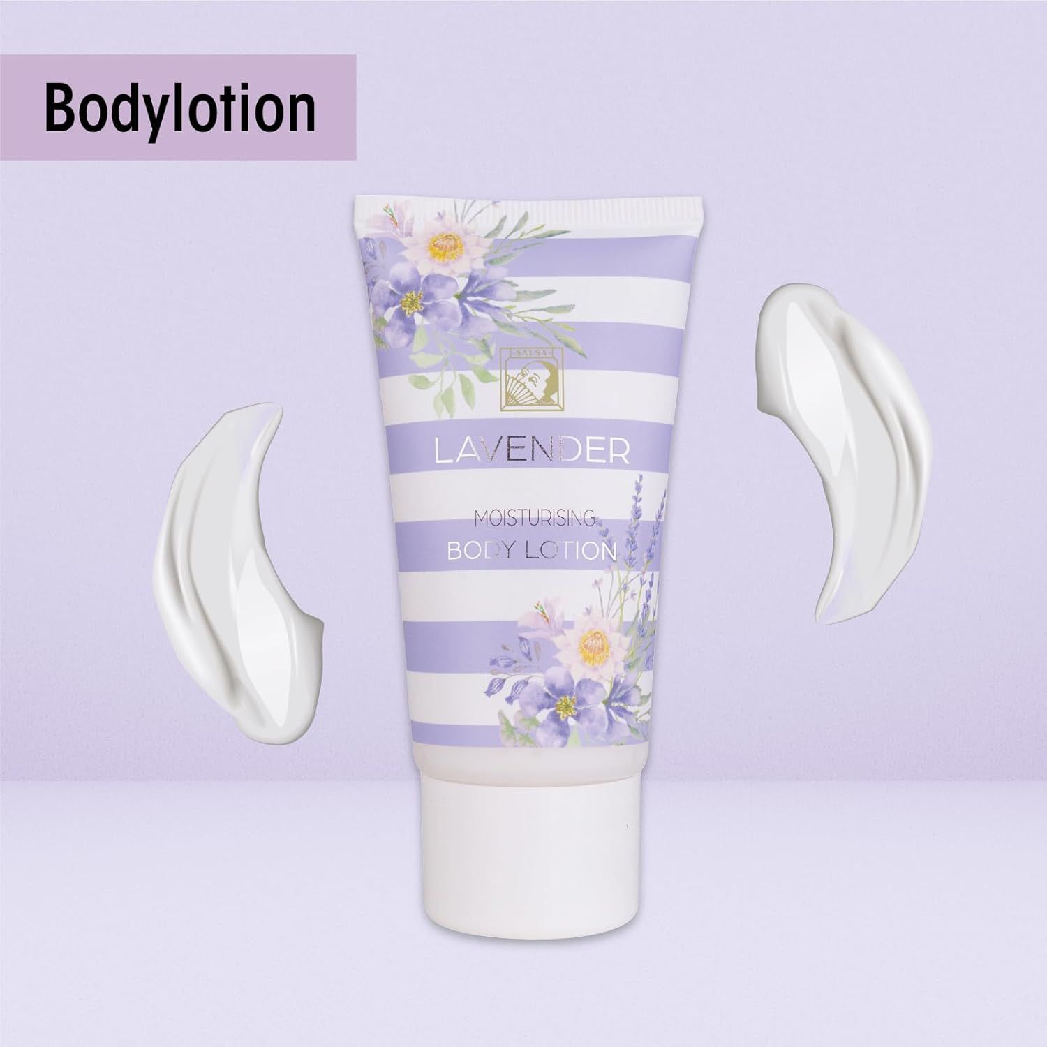 Lavendel bodylotion in gestreepte tube met bloemenpatroon. Hydraterend.