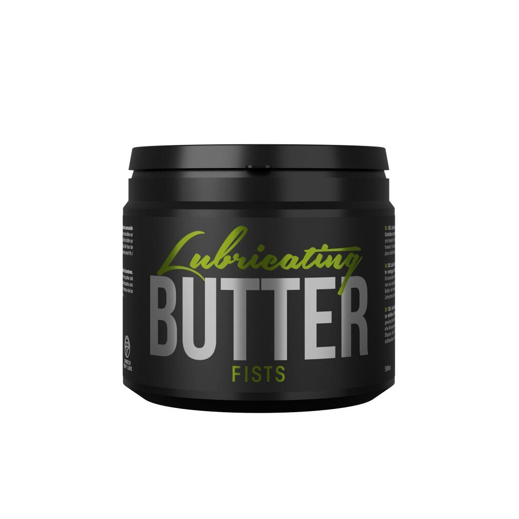 Zwarte pot met deksel. Opschrift: Lubricating BUTTER, FISTS. Groene en zilveren letters.