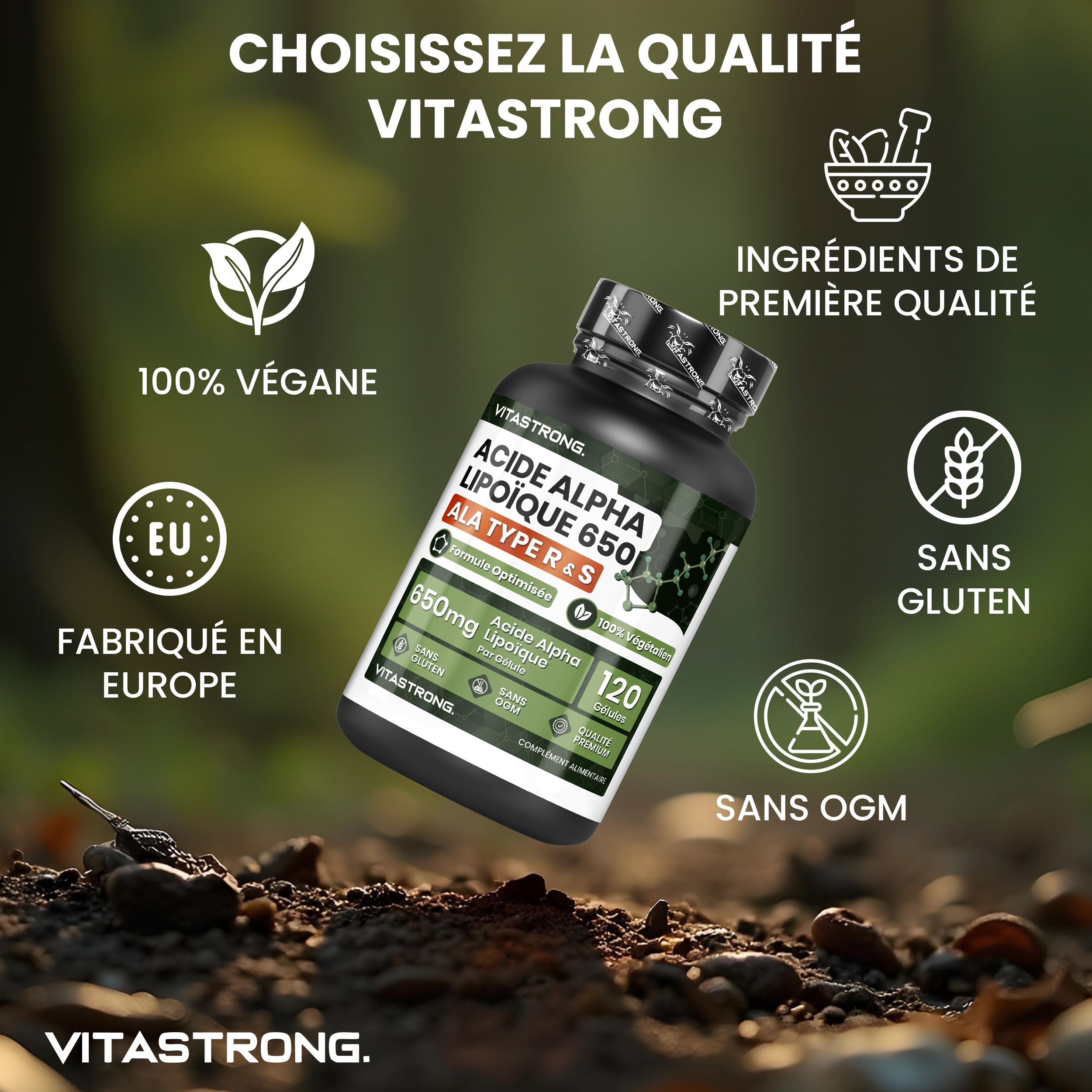 Flacon de gélules. Texte: Acide Alpha-Lipoïque 650, ALA R&S, 120 gélules. Végétalien.