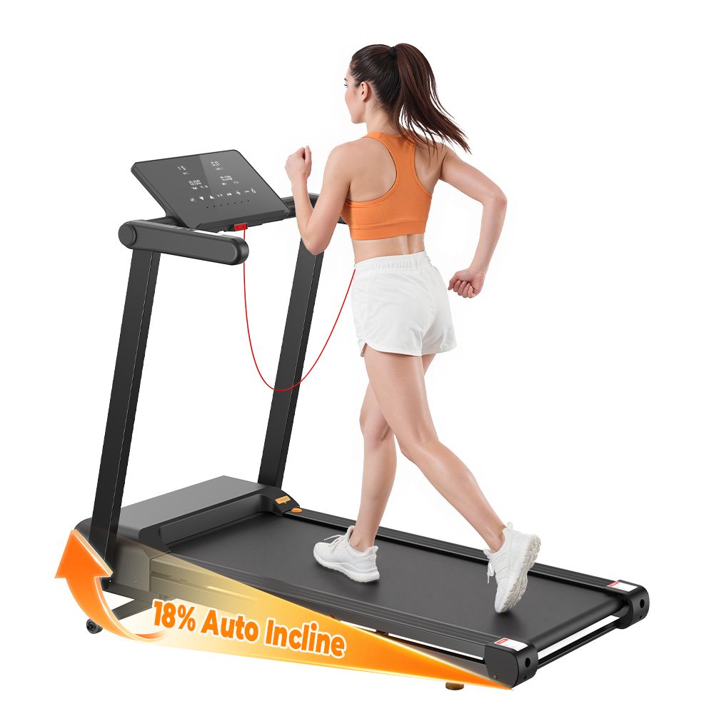 Tapis de course noir pliable avec femme courant. Affichage 18% Auto Incline.