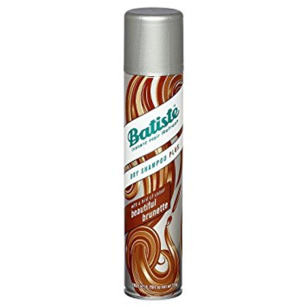 Spray de shampooing sec, boîte argentée. Inscription : Batiste, Dry Shampoo Plus, beautiful brunette.