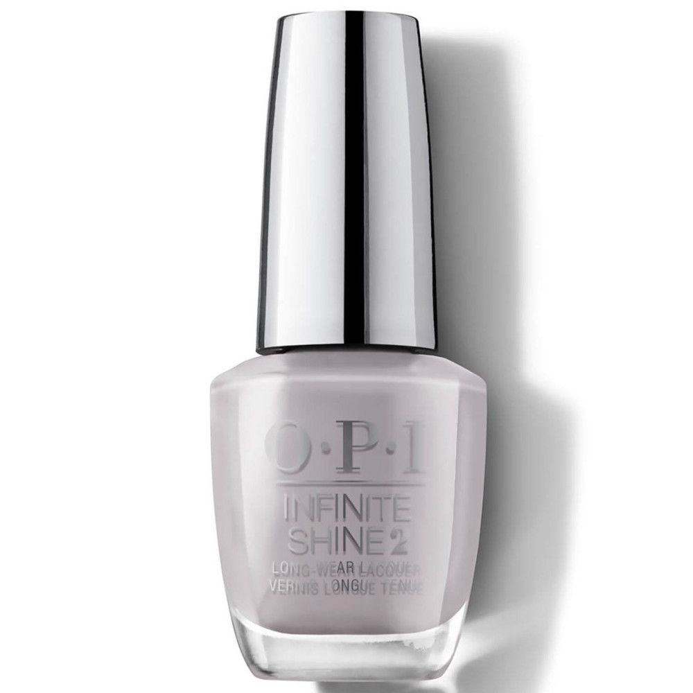 Flacon de vernis à ongles avec bouchon argenté. OPI Infinite Shine 2 est écrit sur le flacon.