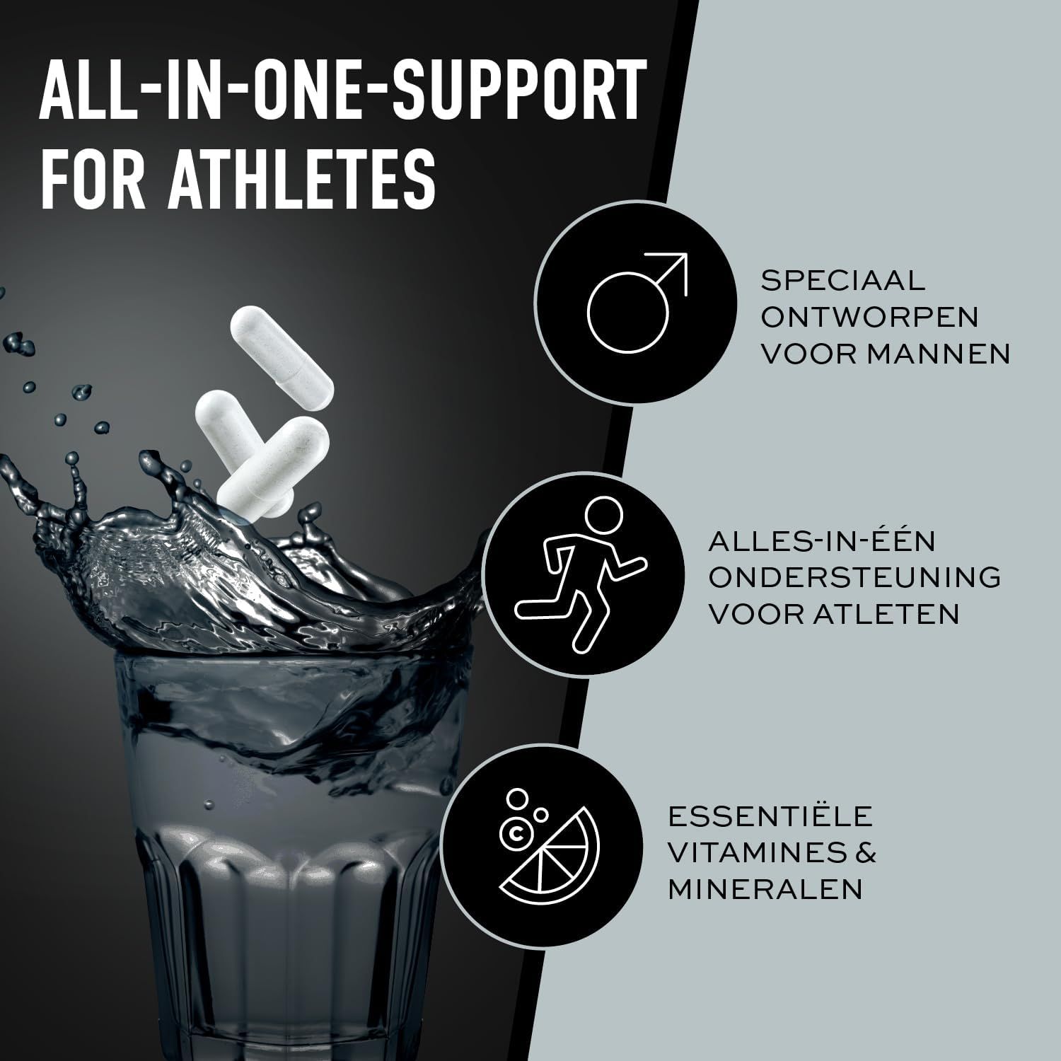 ESN Athlete Stack Men fles met iconen: Gemaakt in Duitsland, Gecertificeerde productie, Vegan, Laboratorium getest, GMO-vrij, voor atleten.