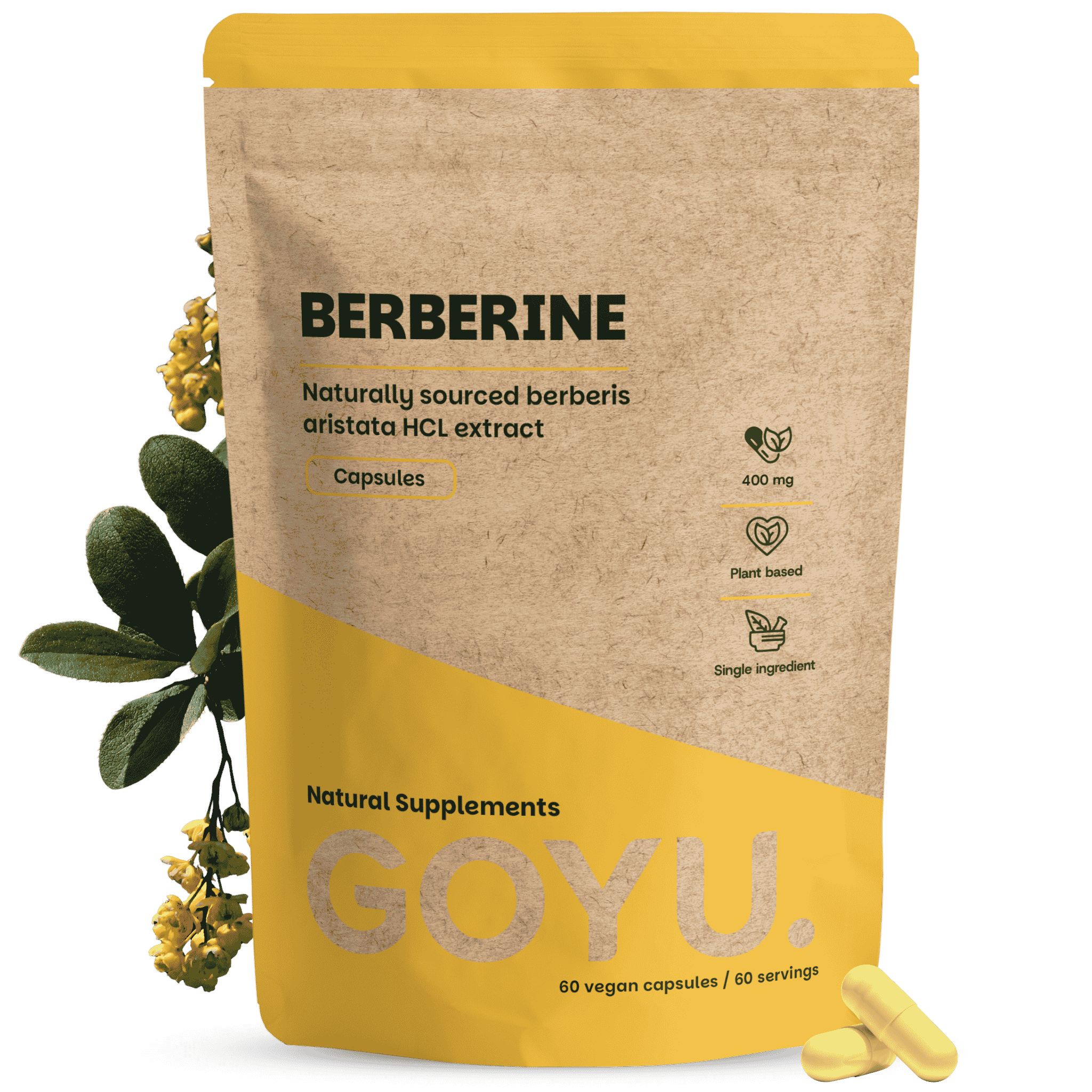 Gélules de berbérine dans un sachet brun avec un design jaune. Contient 60 gélules végétaliennes.