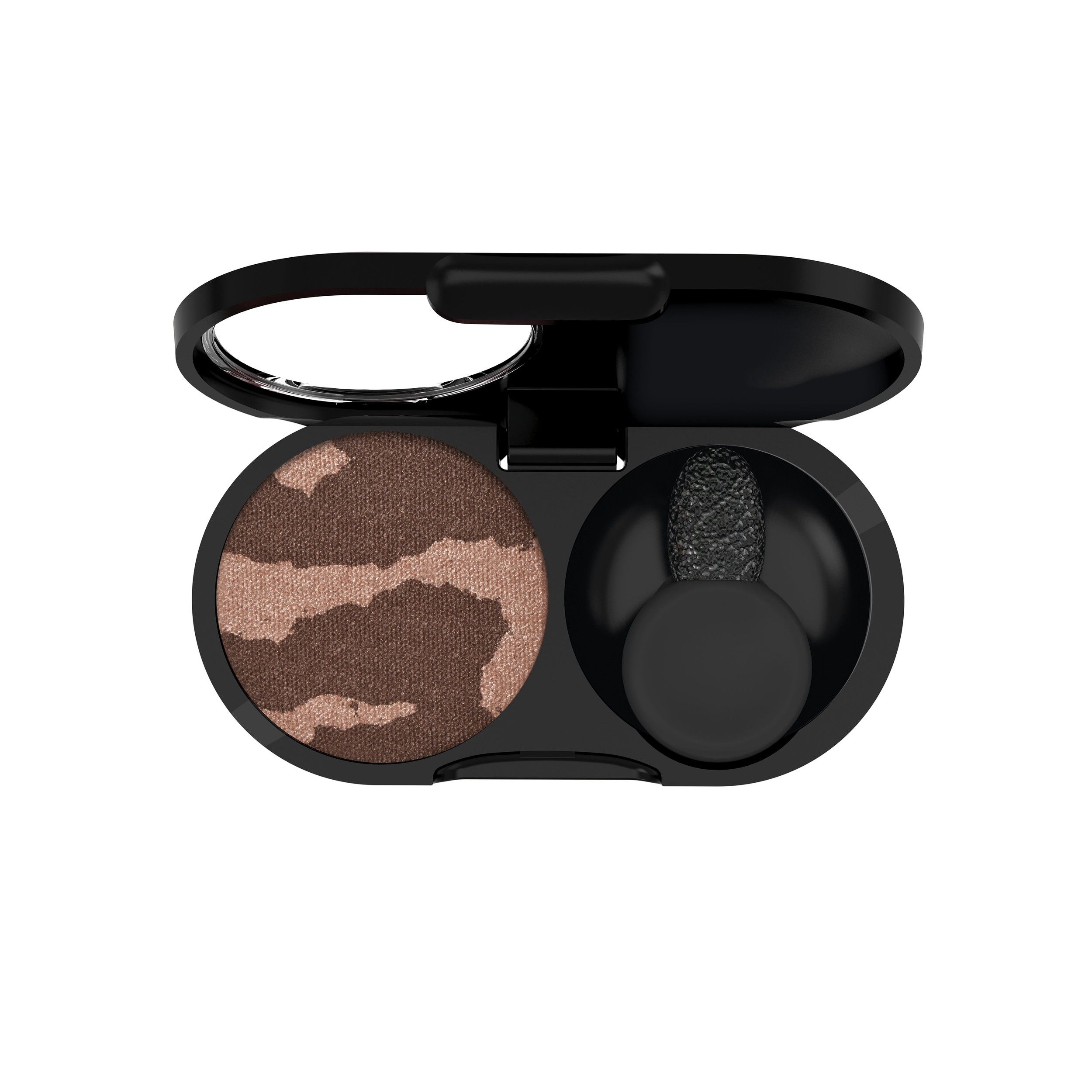 Compact oogschaduw duo in bruin- en goudtinten met applicator.