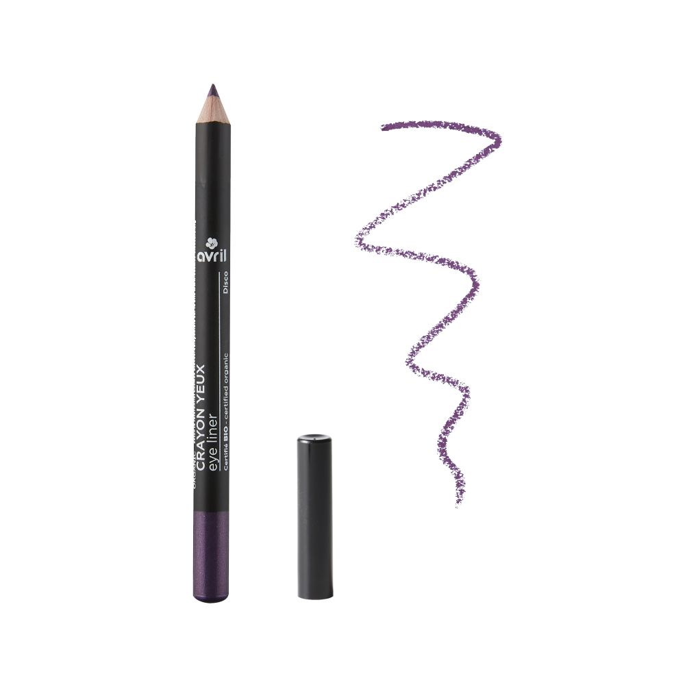 Oogpotlood met zwarte schacht en paarse punt. Daarnaast een paarse lijn. Zwarte dop ernaast.