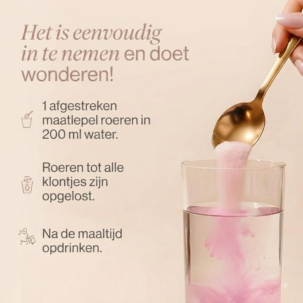 Roze poeder wordt met een lepel in een glas water gedaan.