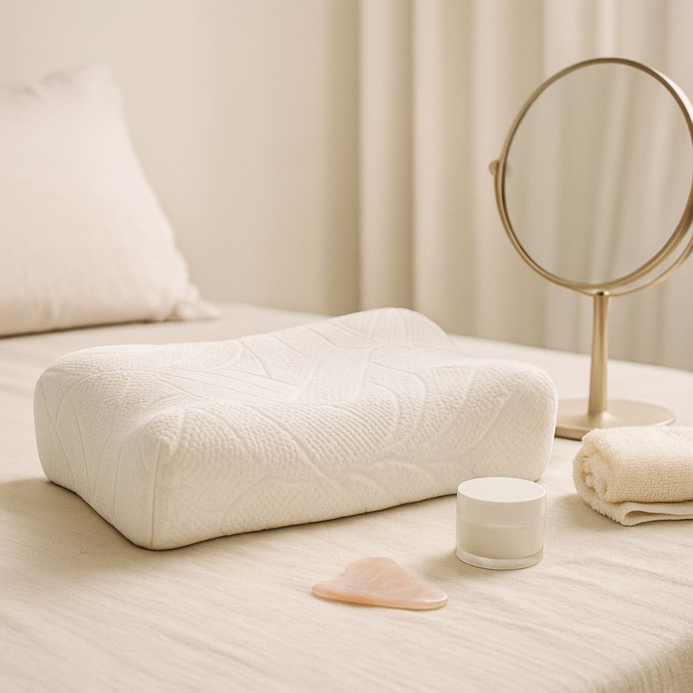 Wit kussen op een bed. Daarnaast een spiegel, een crème en een gua sha steen. Ergonomische vorm.