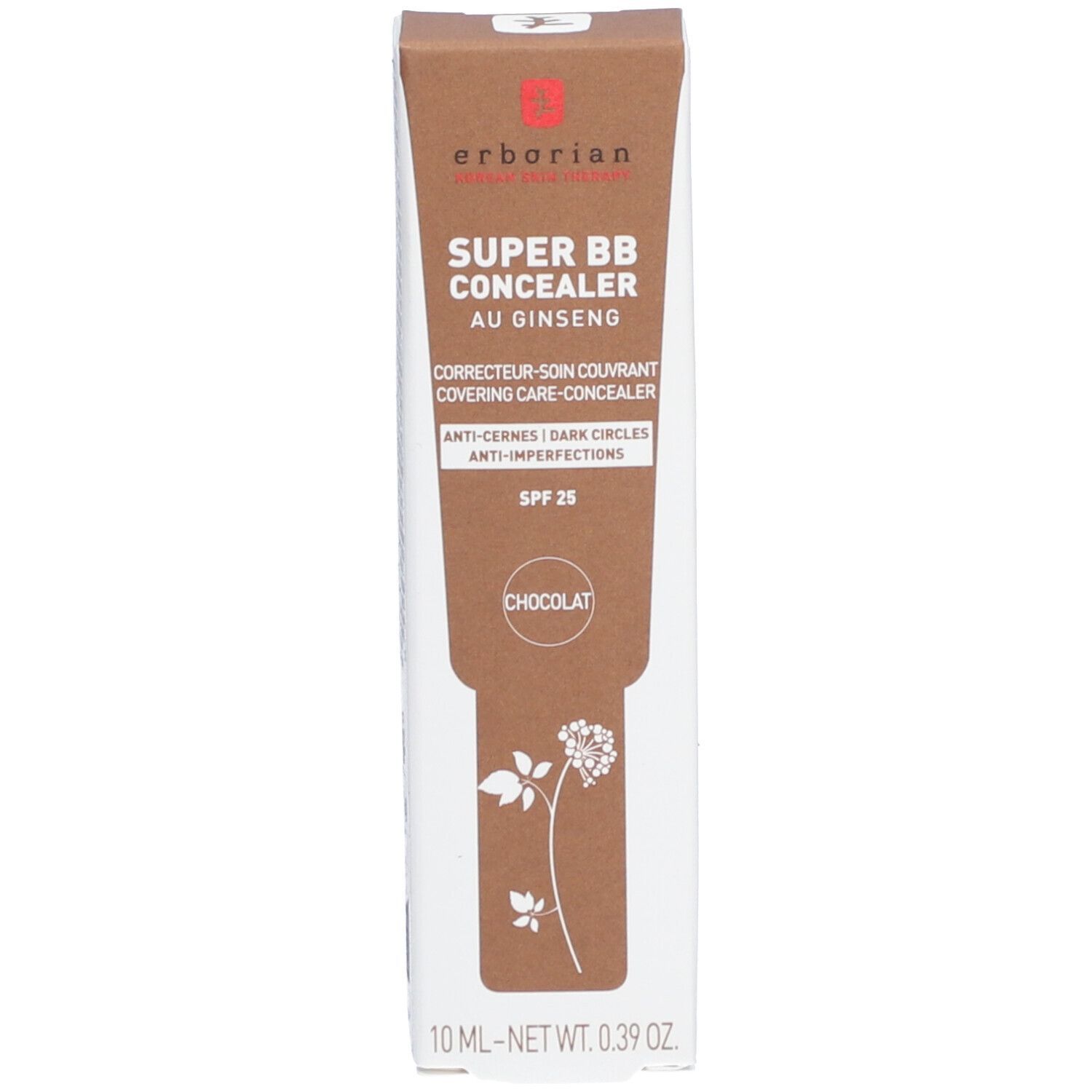 Emballage de SUPER BB CONCEALER CHOCOLAT. Marque : Erborian. Texte : SUPER BB CONCEALER AU GINSENG, CORRECTEUR-SOIN COUVRANT, SPF 25.