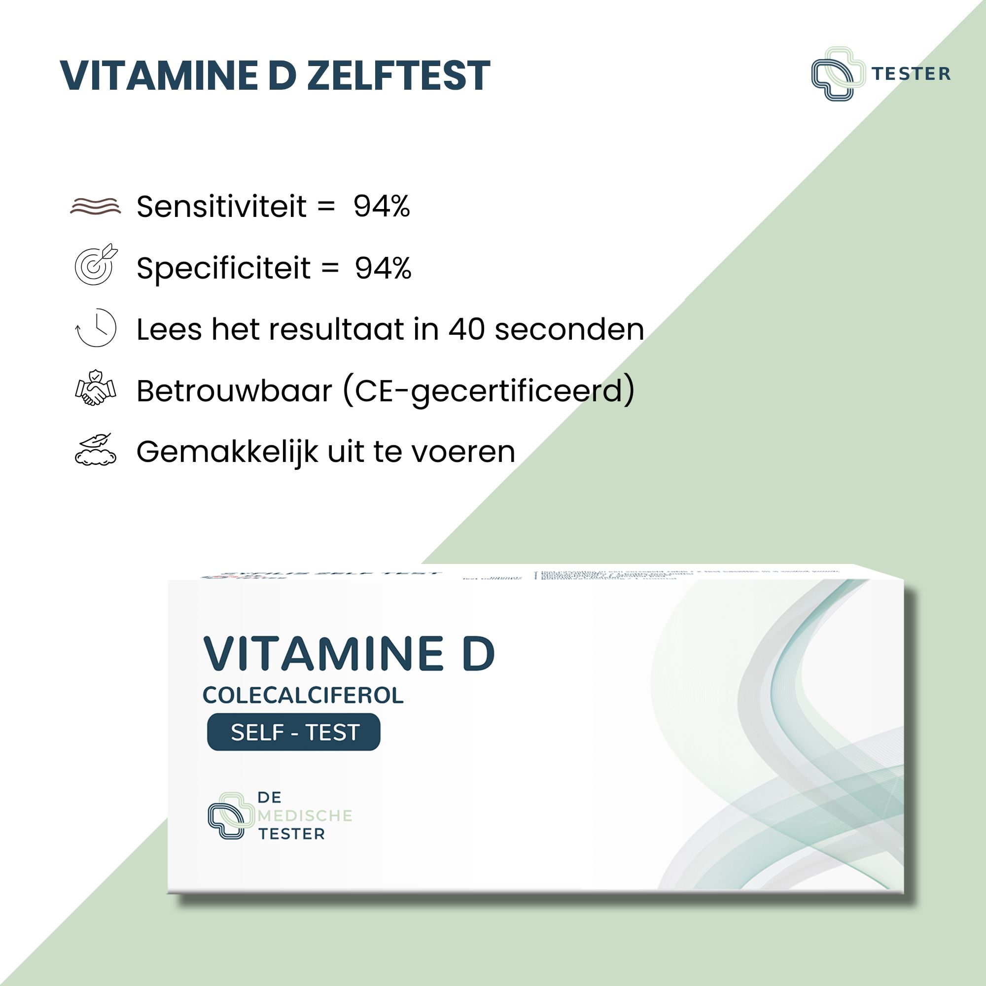 Productverpakking met tekst "VITAMIN D ZELFTEST". Informatie over gevoeligheid, specificiteit, resultaat tijd en certificering.