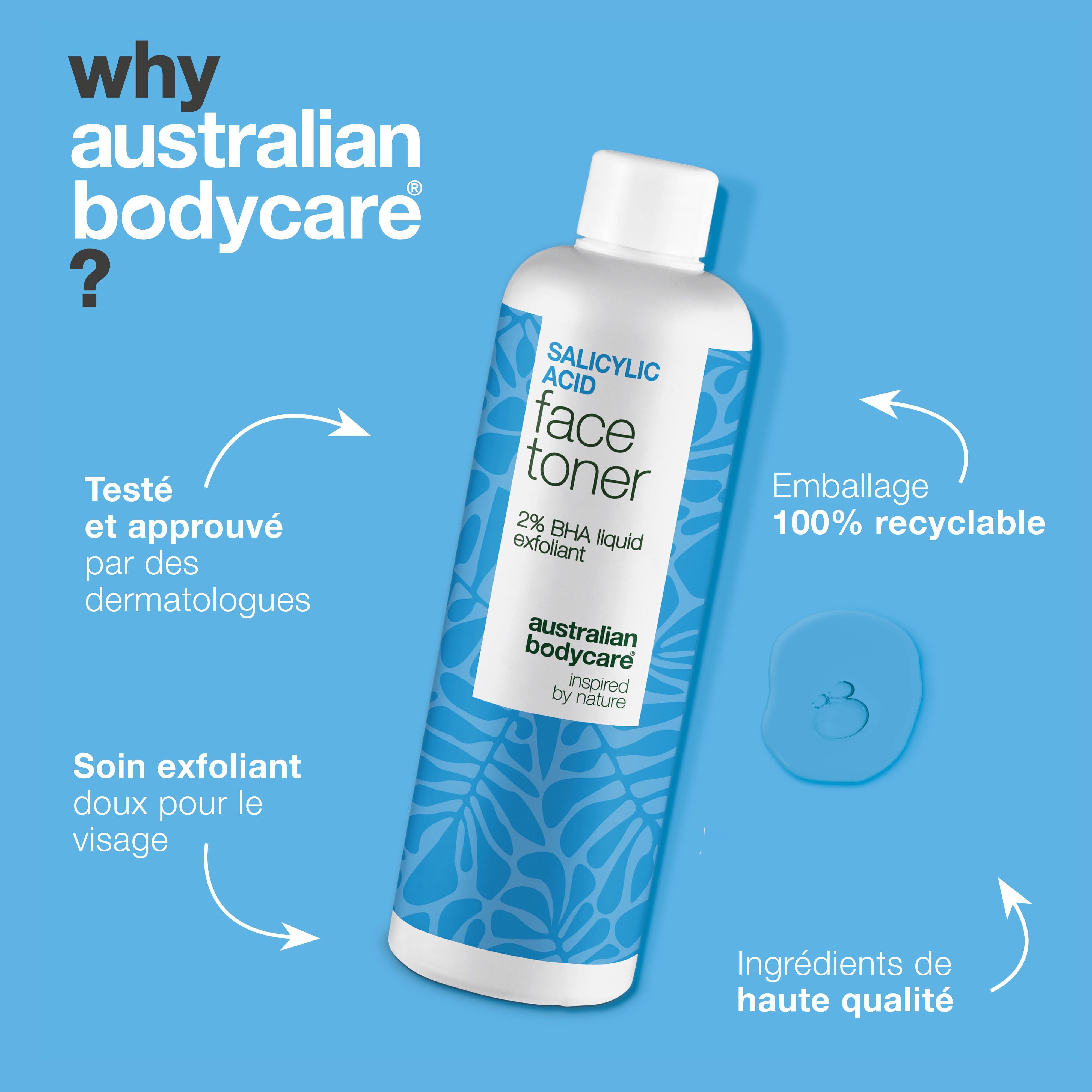 Flacon avec inscription : Salicylic Acid Face Toner. Texte : Testé, soin doux pour le visage, etc. Fond : bleu clair.