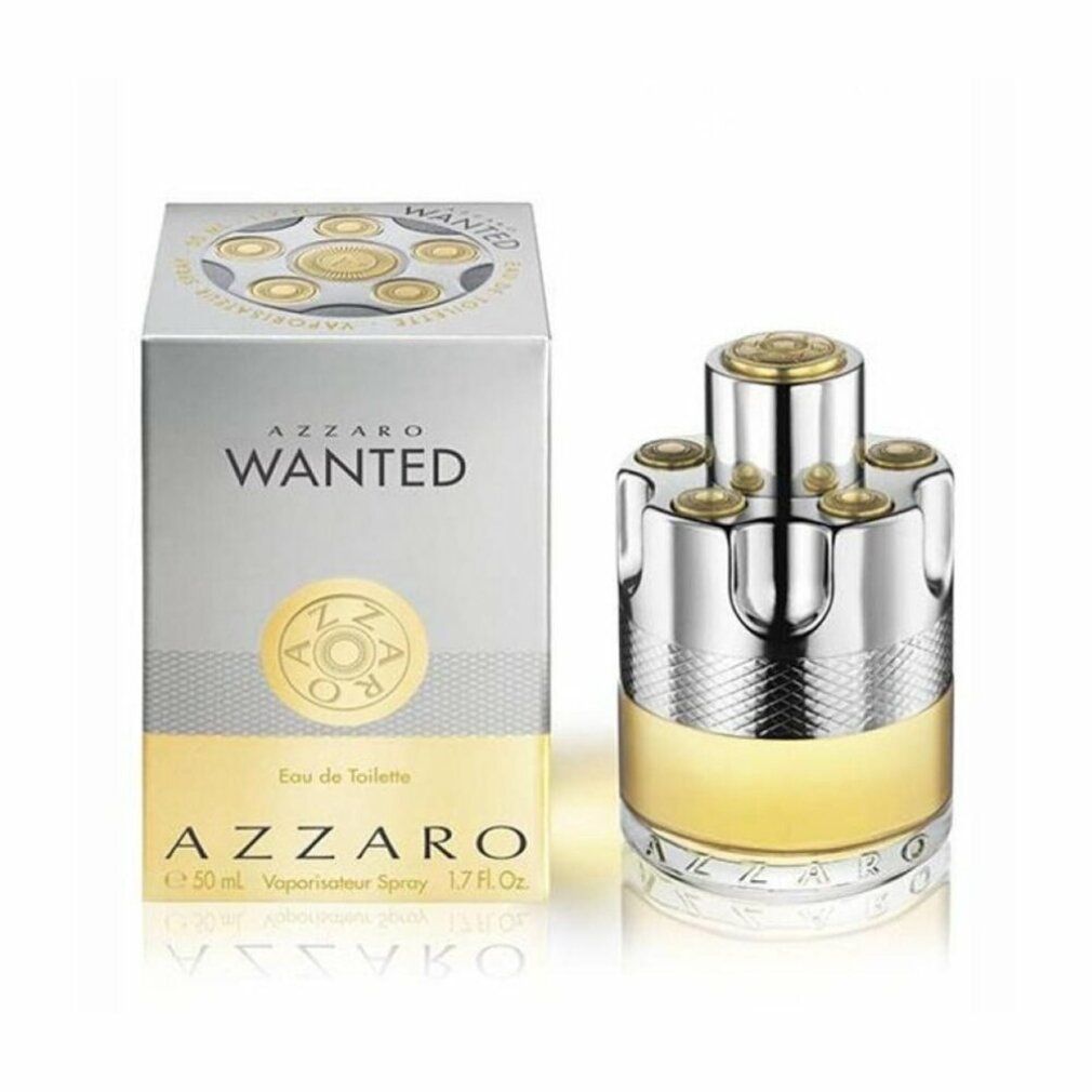 Parfumfles en verpakking. Zilver-gouden cilindervormige fles. Zilver-gouden verpakking met opschrift WANTED en AZZARO.