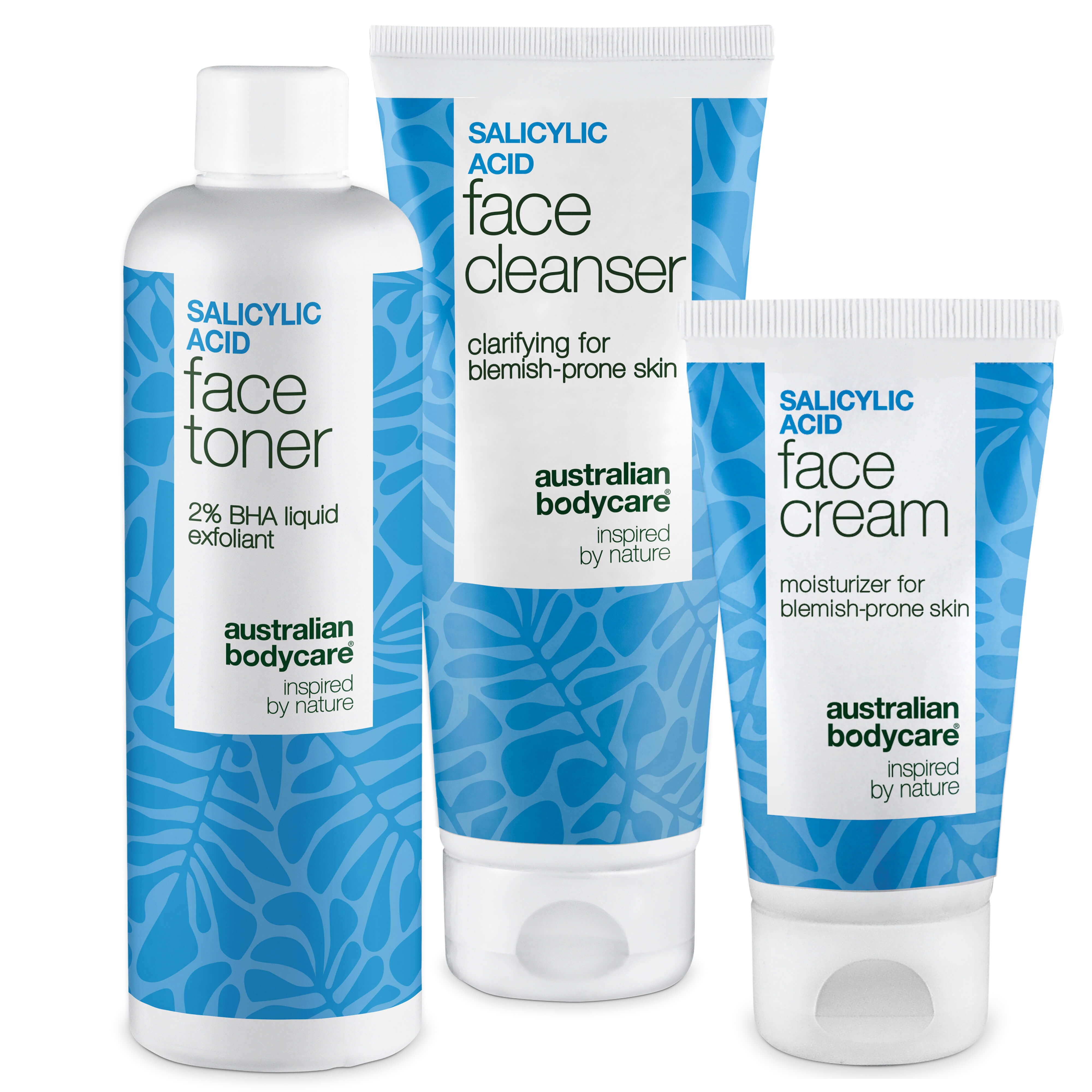Trois produits Australian Bodycare : lotion tonique, nettoyant et crème pour le visage. Contiennent de l'acide salicylique.