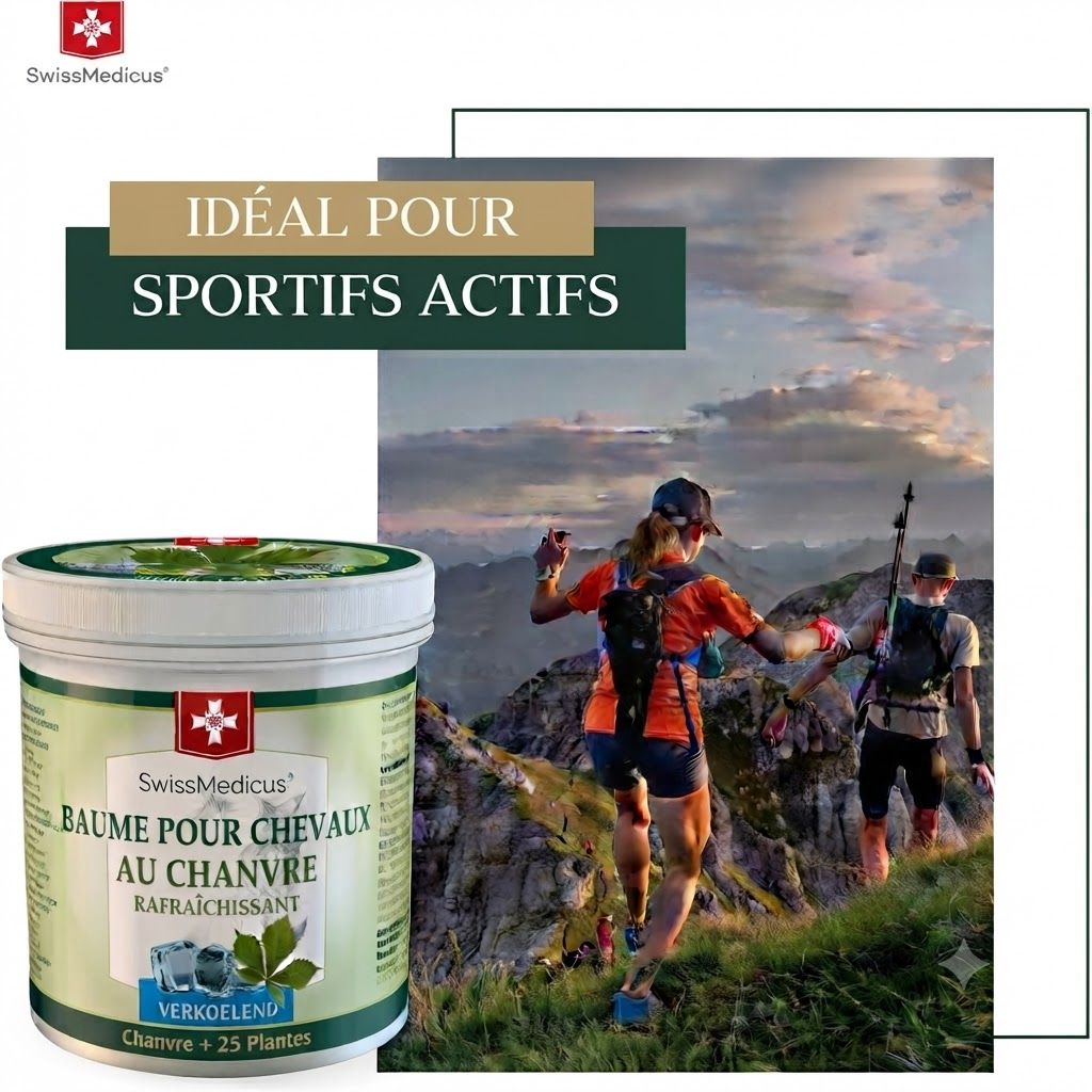 Baume pour chevaux SwissMedicus au chanvre, rafraîchissant, 25 plantes. Idéal pour sportifs actifs.