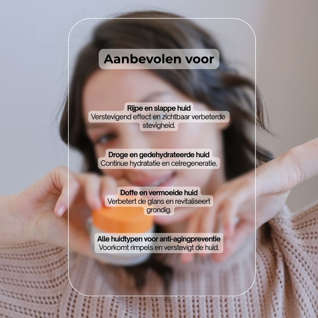 Product met tekst. Anti-Aging Nachtcrème. Retinol & Collageen & Hyaluronzuur. 50 ml. Crèmepot.