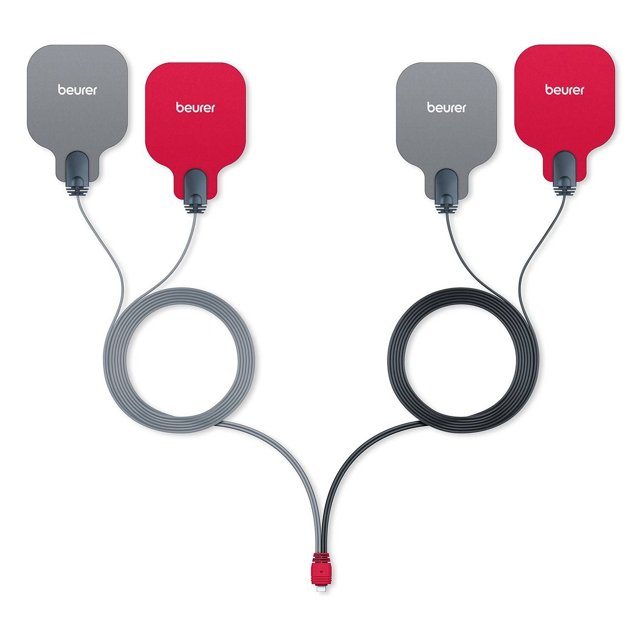 Vier elektroden, twee grijs, twee rood. Kabels met connector. Merk 'beurer'.